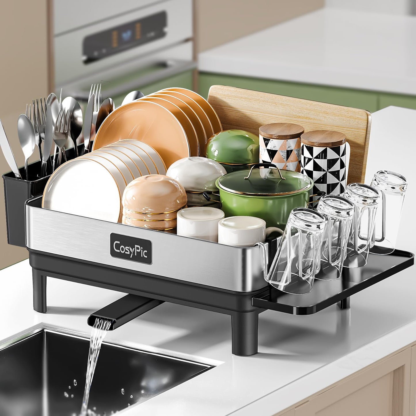 CosyPic Dish Racks, Thicker Premium 304 Stainless Steel Dish Drying Rack for Kitchen Counter, Automatic Drainage Spout, Dish Drainer & Drainboard Set with Utensil Holder and Cup Holder, Black