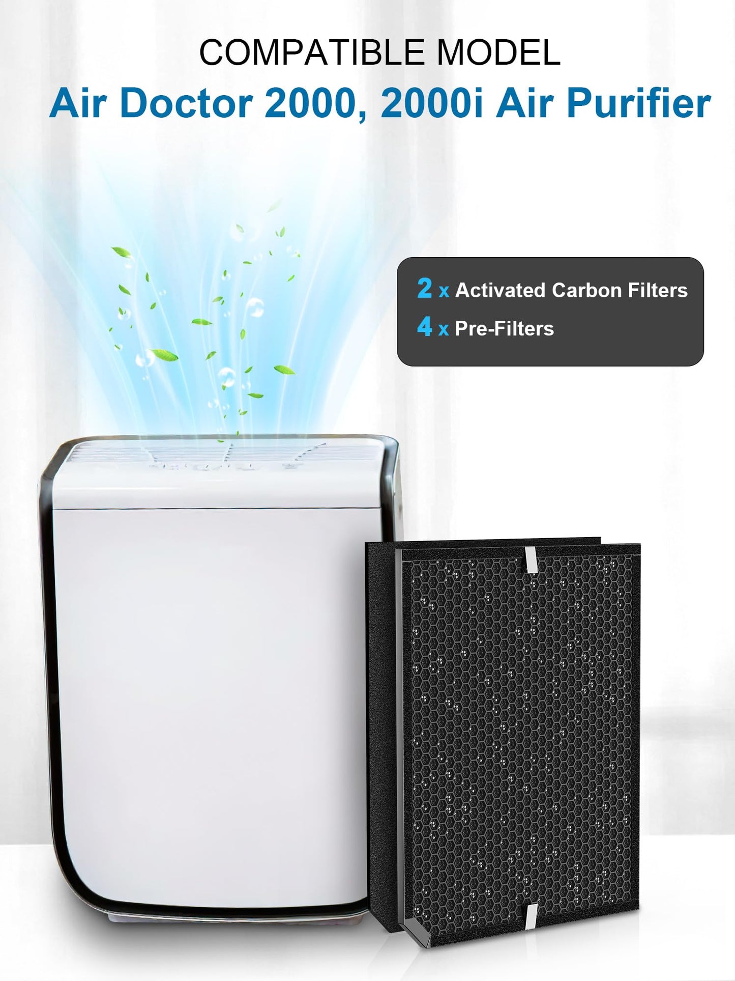Ecofort 2000 Replacement Carbon Filter Compatible with Air Doctor 2000 / 2000i Air Purifier – Includes 2 Activated Carbon Filters and 4 Pre-Filters – Compare to ADF2002, ADF2003