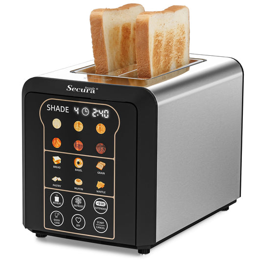 Secura Brands 2 Slice Toaster Automatic, No Lever Stainless Steel Wide Slot Touch Screen Smart Toaster with Digital Timer, +10s Extend, Custom Memory Settings for Home, RV