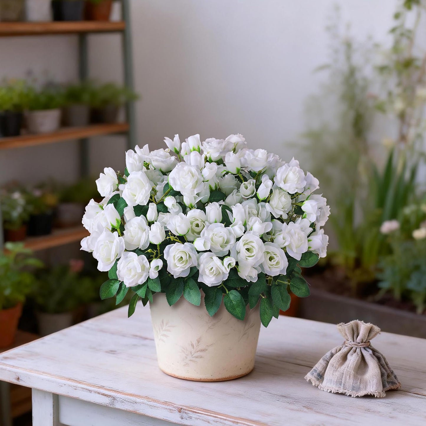 Juxdp 2 Set of Artificial Rose Topiary Trees - Faux Silk Flower Potted Plant, UV Resistant Fake Outdoor Rose Bush for Front Door, Farmhouse, Porch, Garden Decor (White)