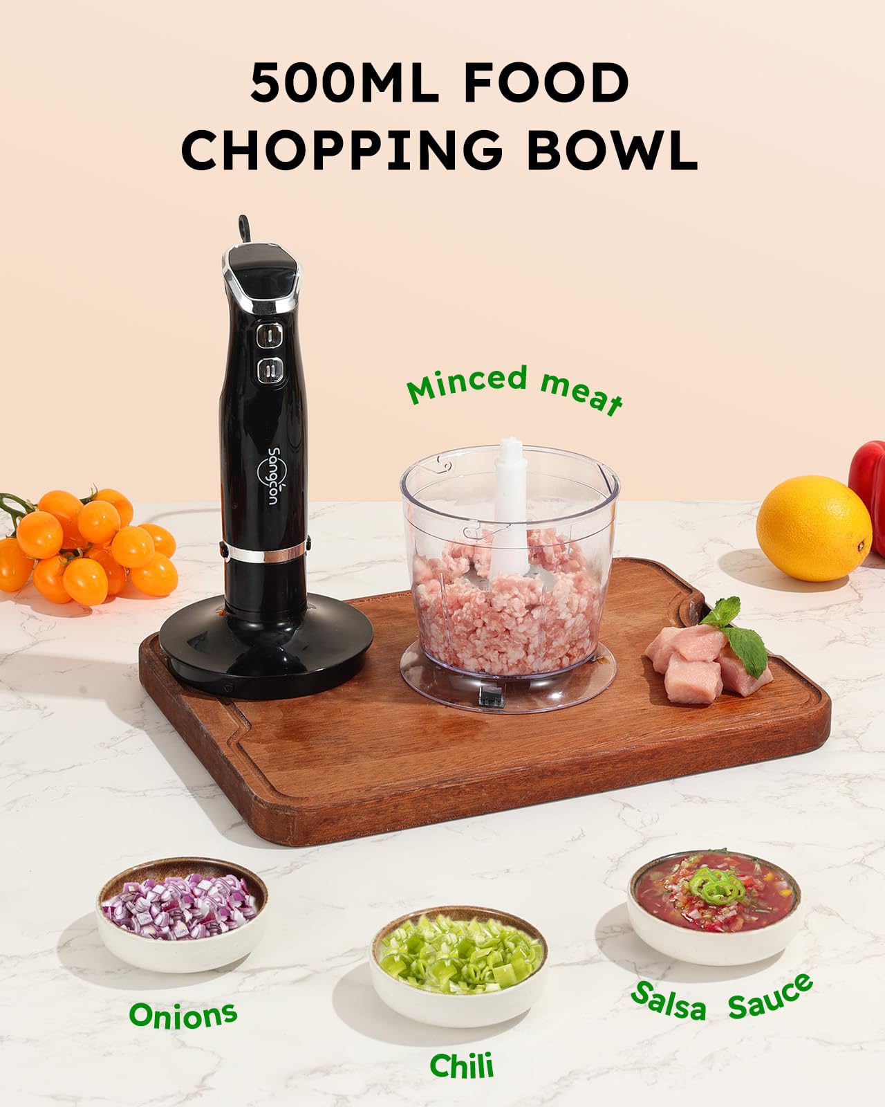Sangcon 6-in-1 Immersion Blender Handheld, Hand Blender with Chopper & 34oz Blending Cup Storage Base, 2-Speed Adjustable Stick Blender,Stainless Steel Blades, Detachable Blender, Whisk, Milk Frother