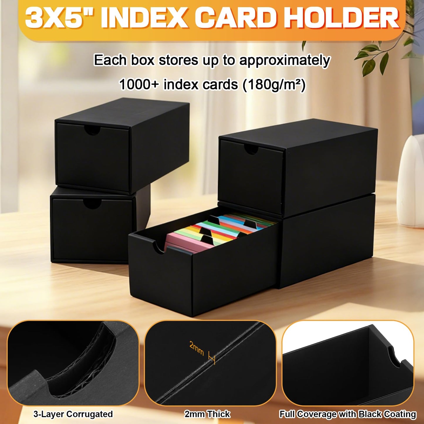 aopule 8Packs 3x5 Index Card Box,Index Card Organizer Box with Lid,Hold 8000 Cards,Black Recipe Holder for 3''x5'' Notecard Recipe Flashcard Card