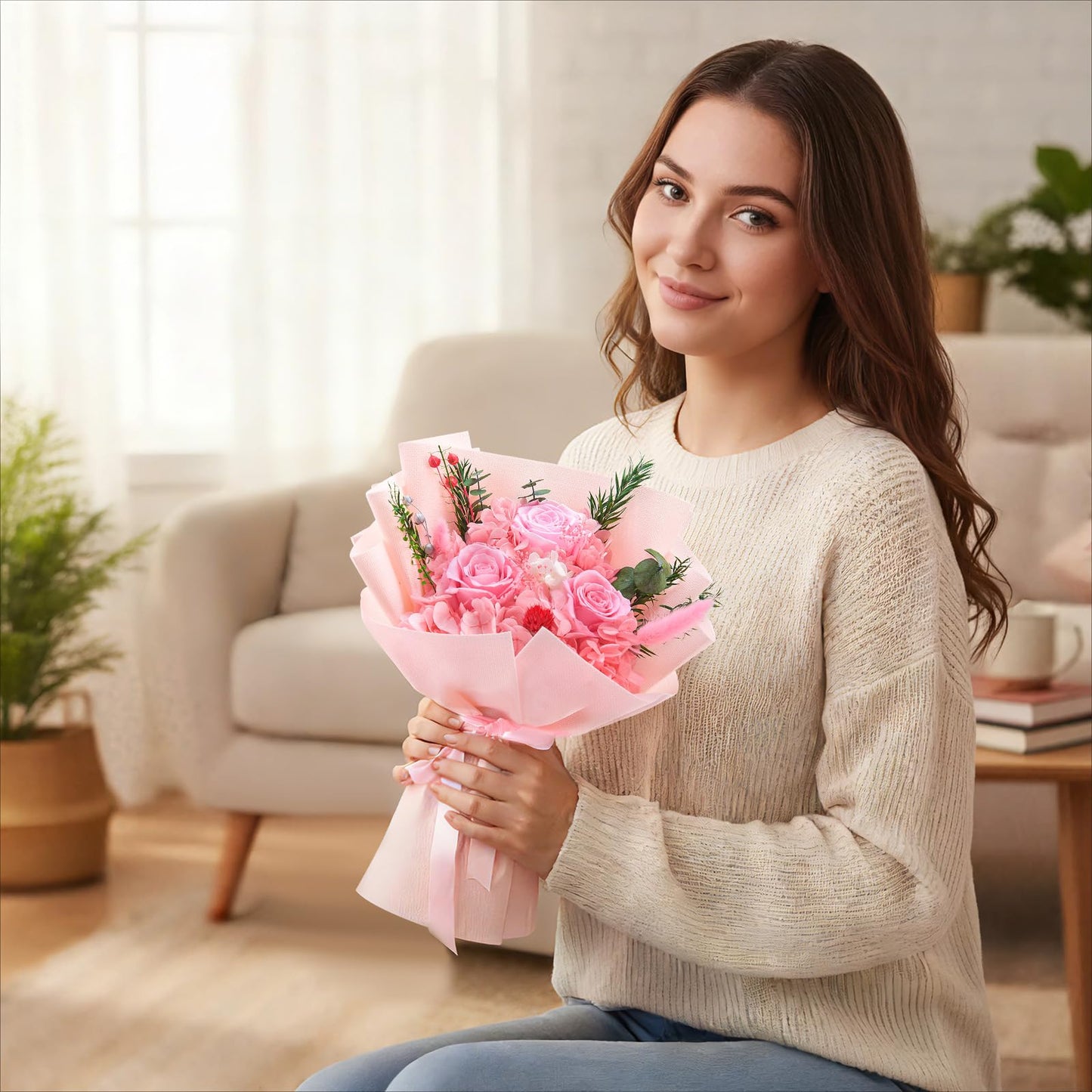 Gnifot Preserved Flowers Bouquet, Flowers for Delivery,Handmade Pink Rose Bouquets Lasting 3-5 Years, Luxury Gift Box,Birthday Flowers Gifts for Women Mom Grandma Wife Friends