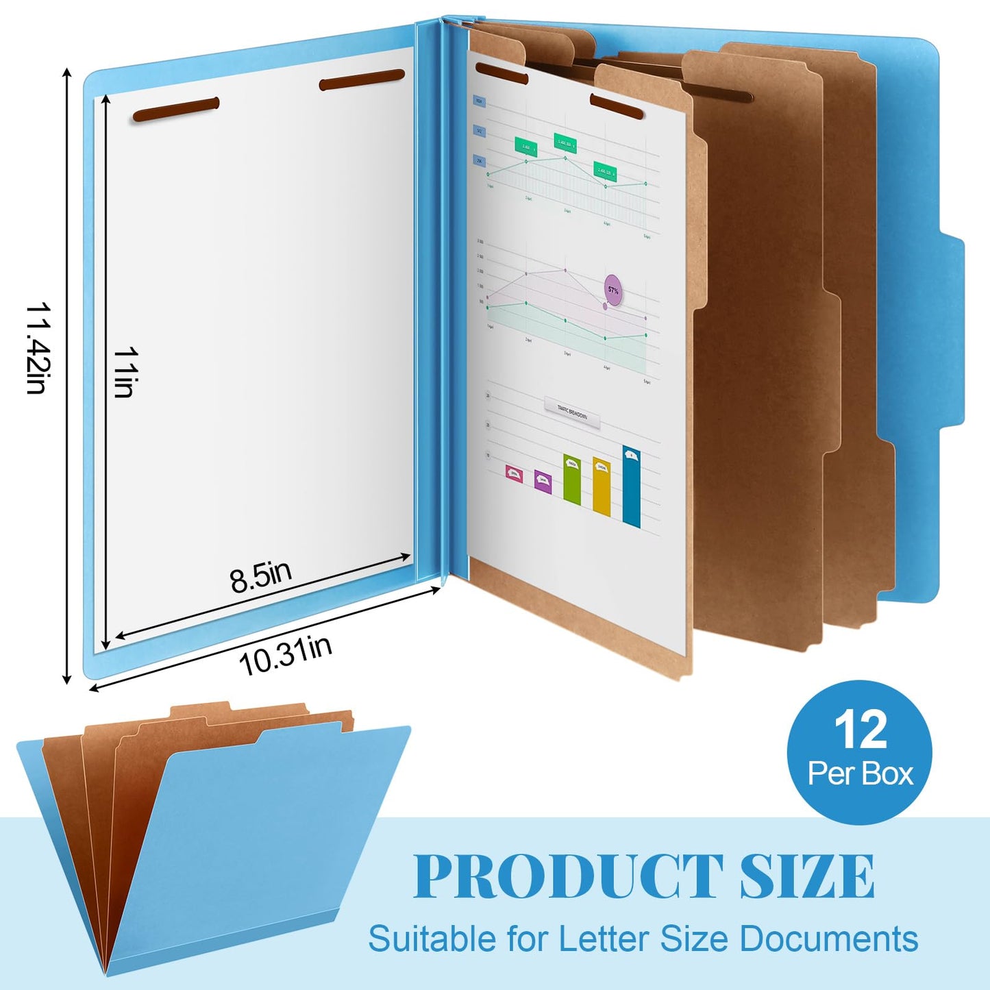 Skyygemm 12 Pcs Classification Folders Letter Size, 3 Divider Pressboard File Folder with Fasteners, Expanding File Organizer Bulk for School Teachers, Office Employee, Coworker, Staff (Blue)