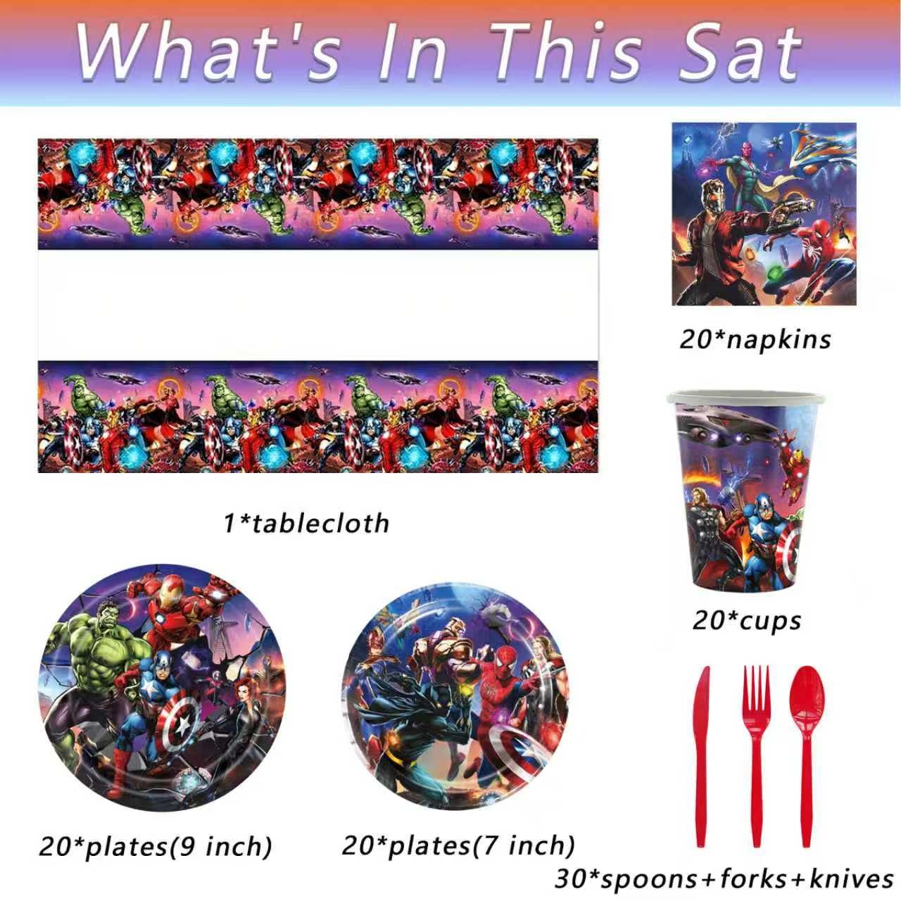 111 Psc superhero Birthday Party Supplies Set, Avengers Theme, Plates, Cups, Utensils, Napkins, Tablecloth