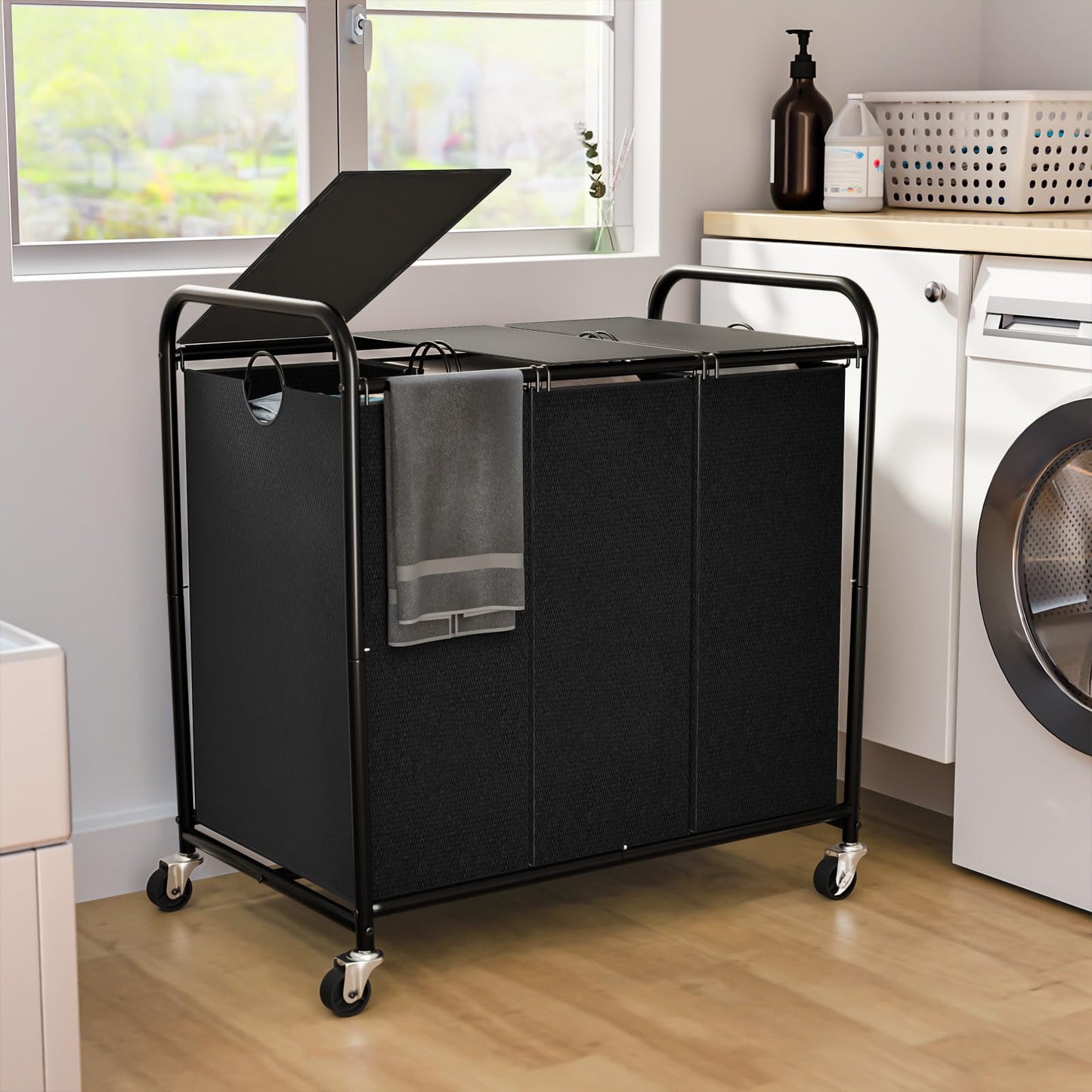 180L (47.55 Gal) Laundry Sorter 3 Section, Rolling Laundry Basket with Lockable Wheels and Lid, Laundry Hamper with 3 Separated Removable Bags Dirty Clothes Hamper for Laundry Room Organizer, Black