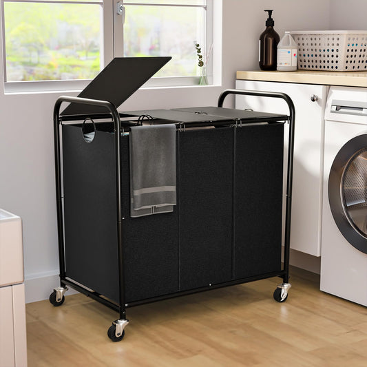 180L (47.55 Gal) Laundry Sorter 3 Section, Rolling Laundry Basket with Lockable Wheels and Lid, Laundry Hamper with 3 Separated Removable Bags Dirty Clothes Hamper for Laundry Room Organizer, Black