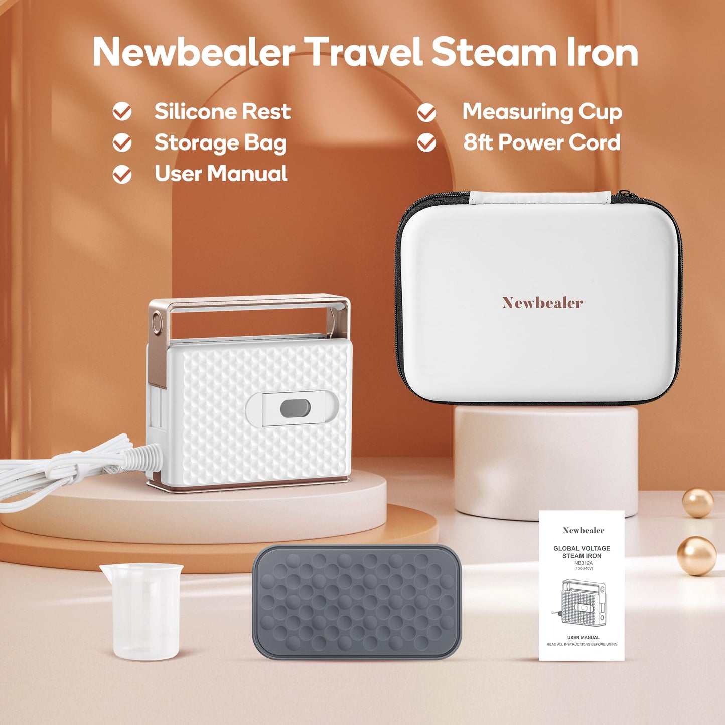Newbealer Travel Steam Iron for Clothes, Global Voltage 100-240V Handheld Steamer, 293℉ Dry Ironing, Non-Stick Ceramic Soleplate, Horizontal & Vertical Steaming, Auto-off, Silicone Mat & Bag, 1.5 lbs