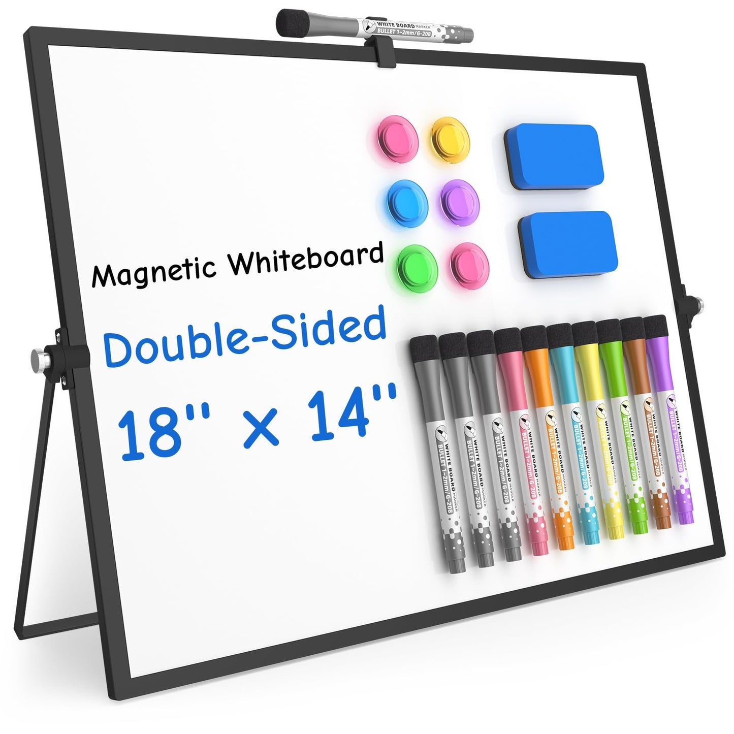 Grtard Magnetic Dry Erase Board with Stand, 18''x14'' Double-Sided White Board, Desktop Whiteboard with Stand, Large White Board, Desk Whiteboard Portable, Dry Erase Board for Kids, Memo(Black)
