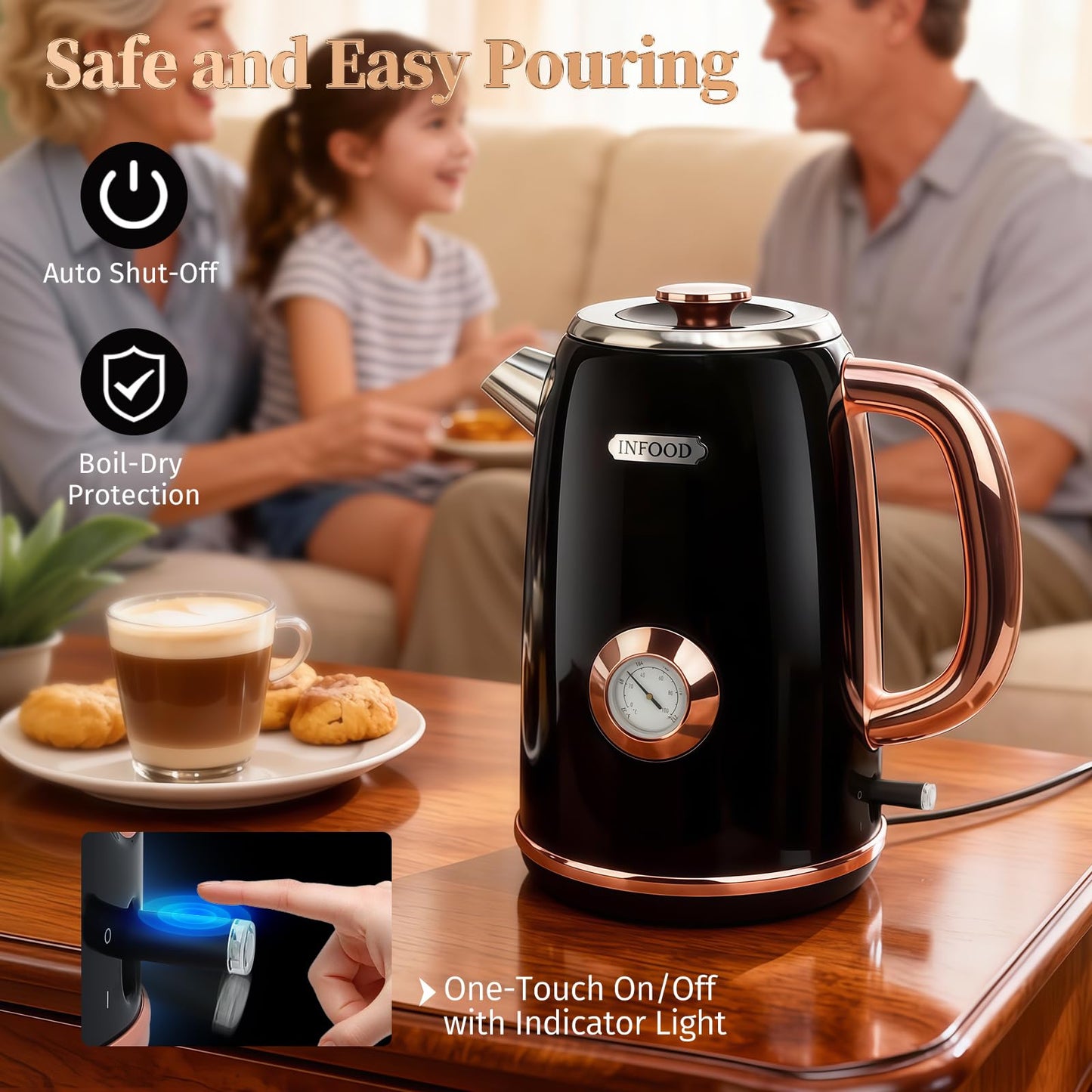 INFOOD Retro Electric Kettle 1.7L/57oz with Thermometer - 1500W Fast Boiling Stainless Steel Hot Water Tea Kettle, BPA-Free, Cordless, Auto Shut-Off, Boil-Dry Protection, Black
