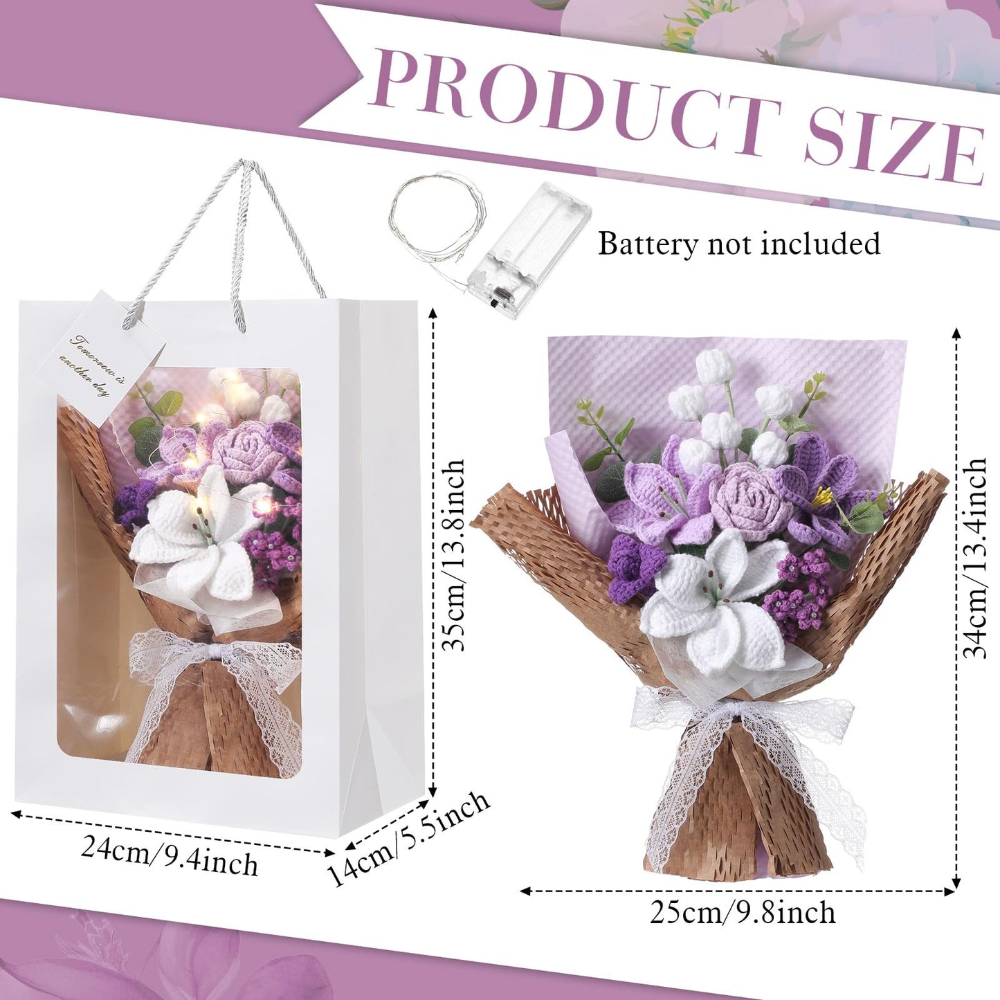 Juinte Graduation Crochet Flower Bouquet Gift Completed Handmade Knitted Bouquet with Lily Tulips Rose for Graduation Birthday Wedding Summer Home Women(Purple)
