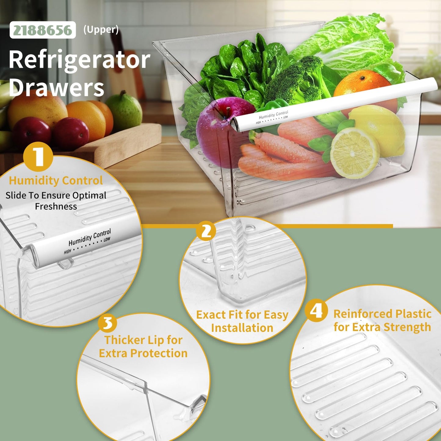 2188656 Fridge Crisper Drawer (Upper),2188656 Crisper Bin, compatible with Whirlpool Refrigerator,Fridge Drawers,Kenmore Refrigerator Parts,Whirlpool Shelf Replacement- WP2188656