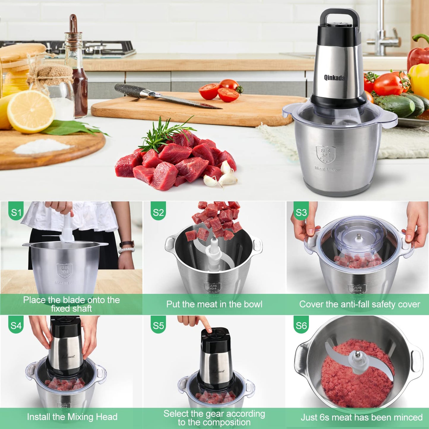 Qinkada Food Processor, 500W Powerful Meat Grinder, 14Cup Stainless Steel Bowl, 3 Speed Modes 4 Bi-Level Blades for Onion, Meat, Nuts, Fruit, Garlic, Vegetable, Baby Food