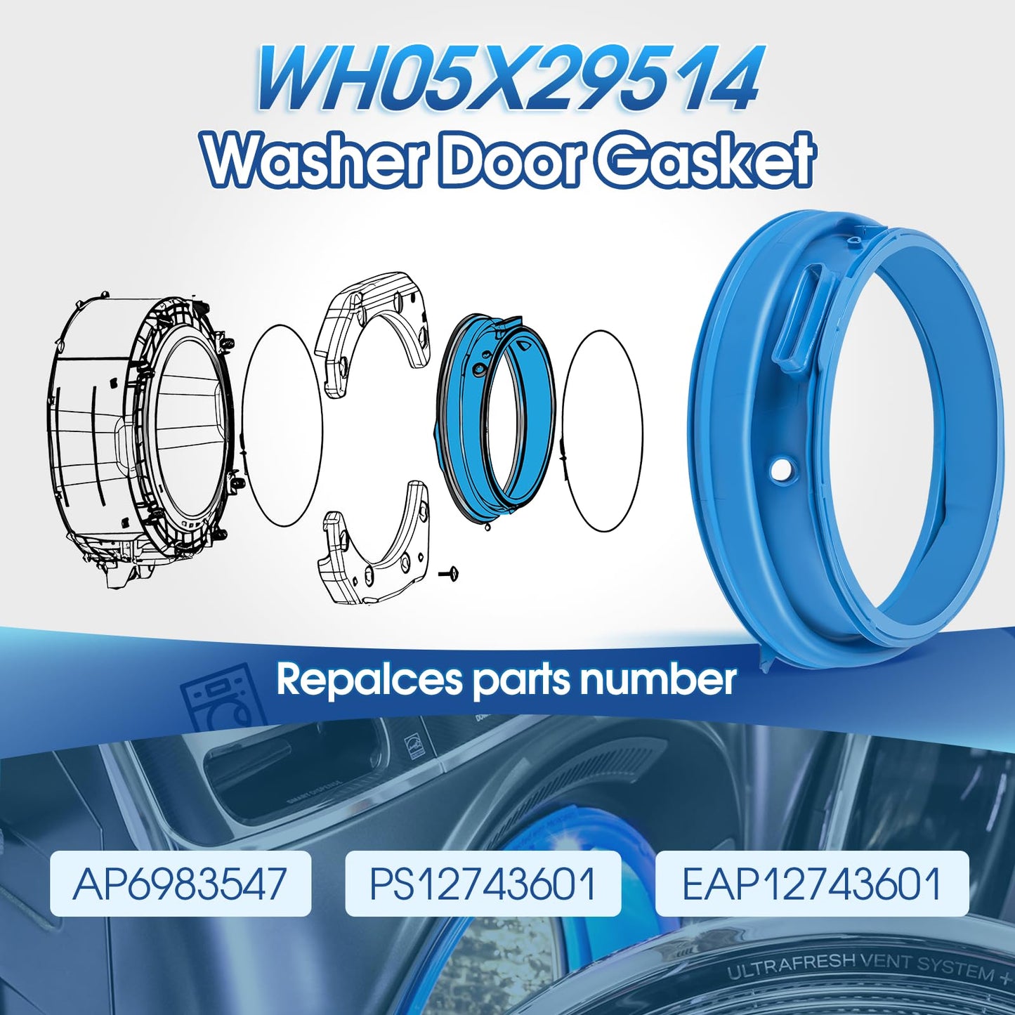 Salugre OEM WH05X29514 Washer Door Diaphragm, Rubber, Plastic, Replacement Clothes Washing Machine Door Gasket Seal for GE Washer, Door Boot Seal, AP6983547, PS12743601, EAP12743601
