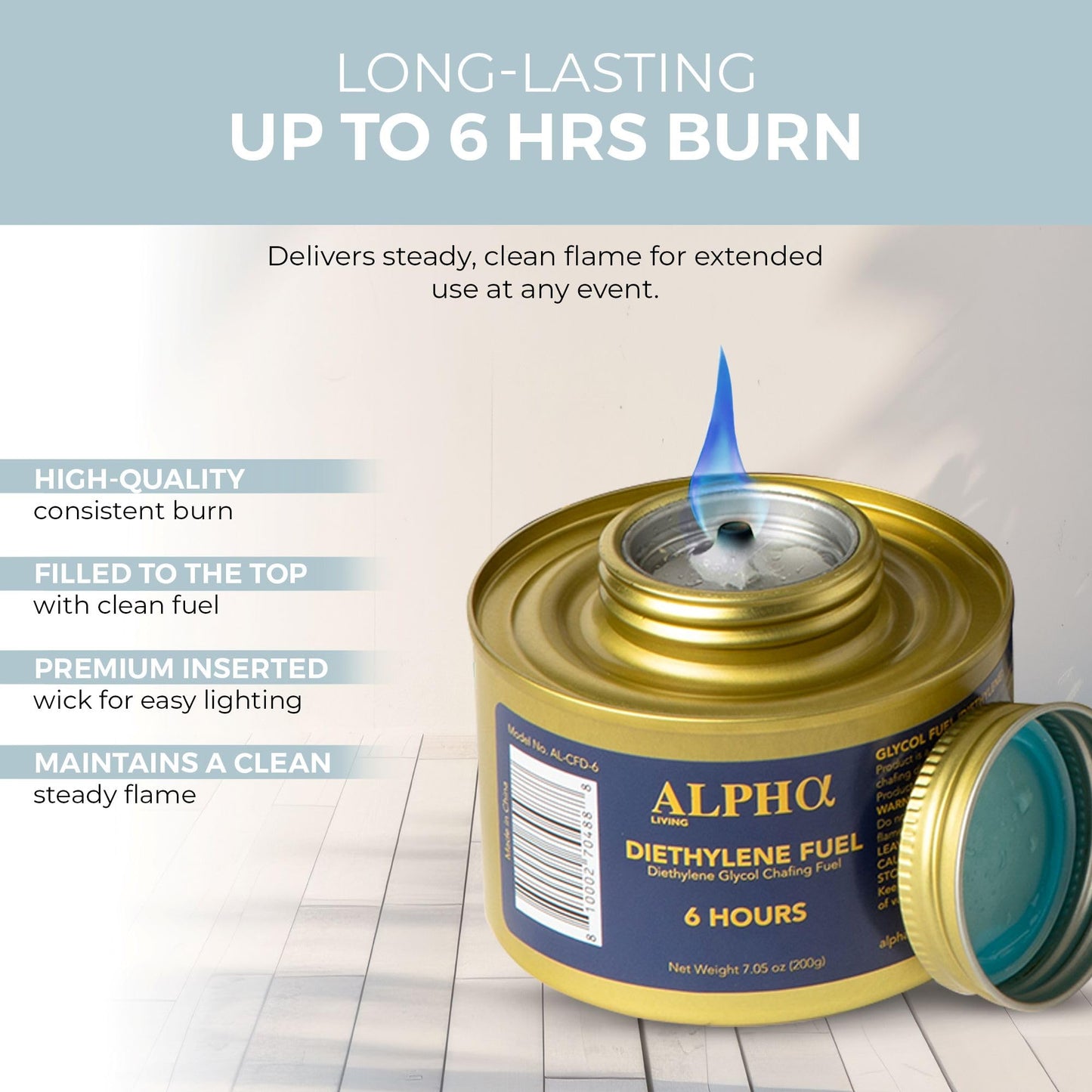 Alpha Living - Luxe Gold Edition - 6 Hour Chafing Fuel - Food Warmer for Chafing Dish Buffet Set - Liquid Safe Fuel with Wick & Lid Opener for Chafing Dish Gold Canister for Luxry Events (12 Pack)