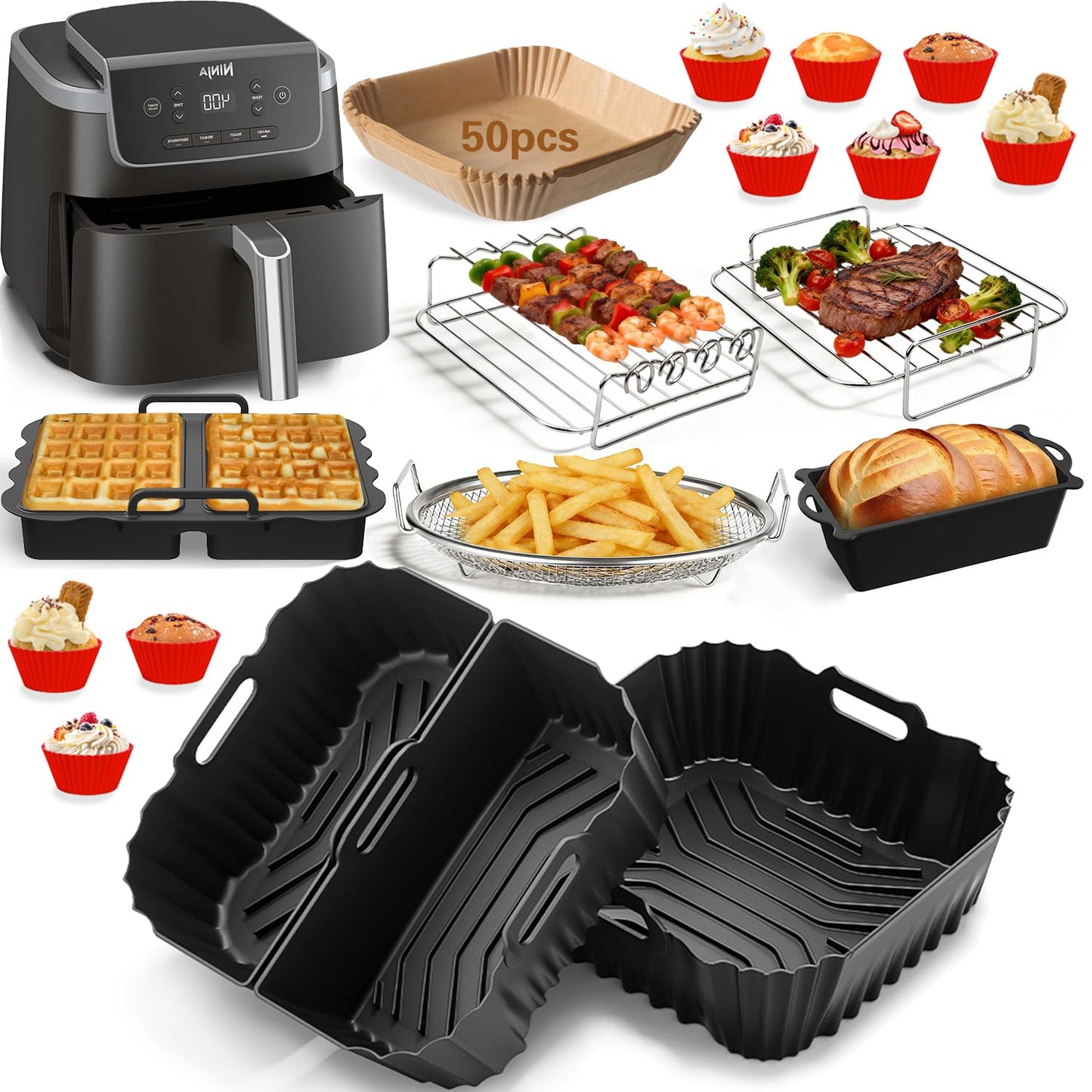 Air Fryer Accessories for Cosori TurboBlaze 6 Qt | 5.8 QT | 6.5 Qt, Ninja AF141, AF142, AF181, Chefman 6QT, 5-6.5 QT Square Basket Air Fryer Accessories Set, Silicone Liner, Grill, Baking Molds