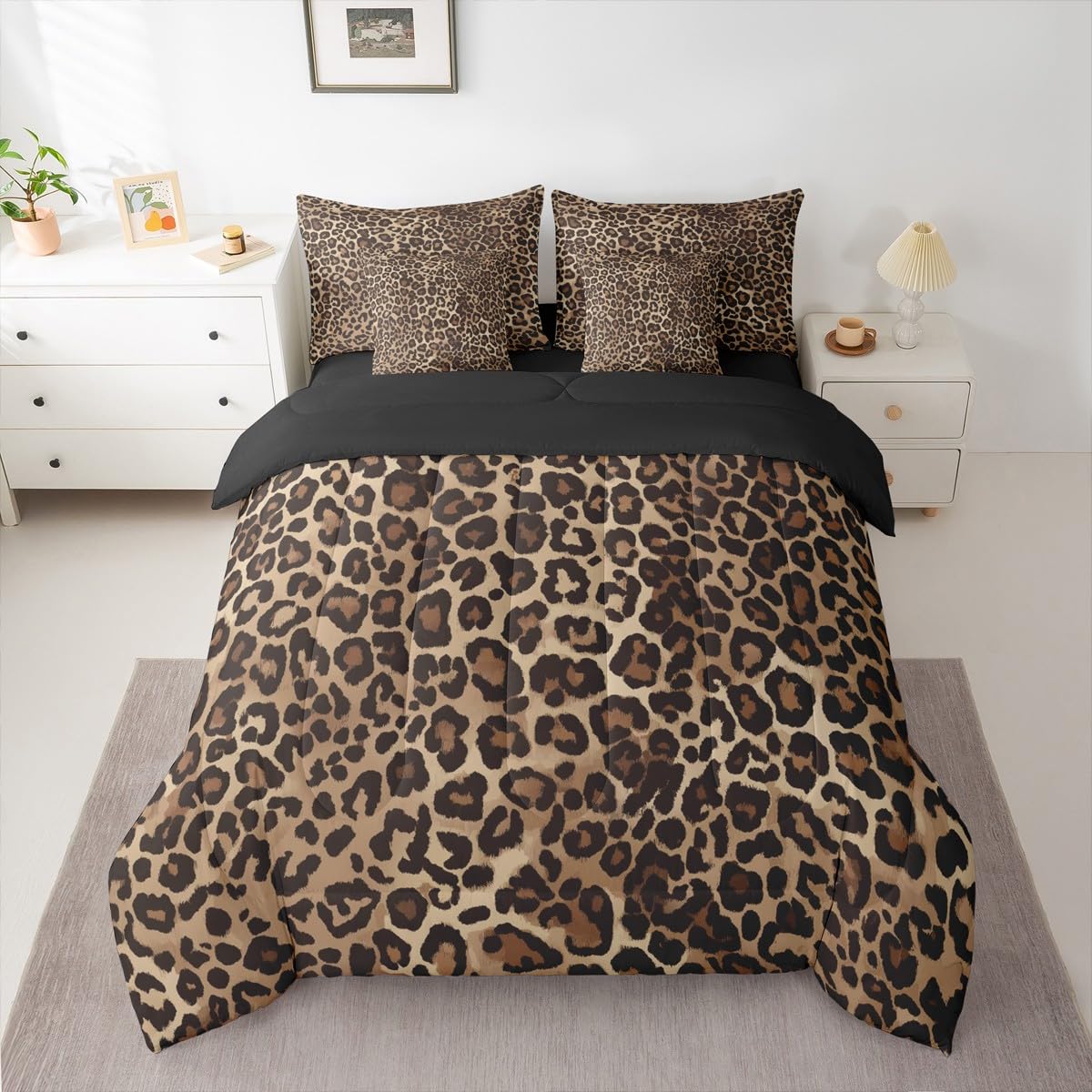 Erosebridal Leopard Print 7 Piece Bedding Set Full Cheetah Decor Comforter Set with Sheets Geometric Modern Bed in A Bag African Safari Animal Bed Sets with 2 Pillowcases, 2 Throw Pillow Covers
