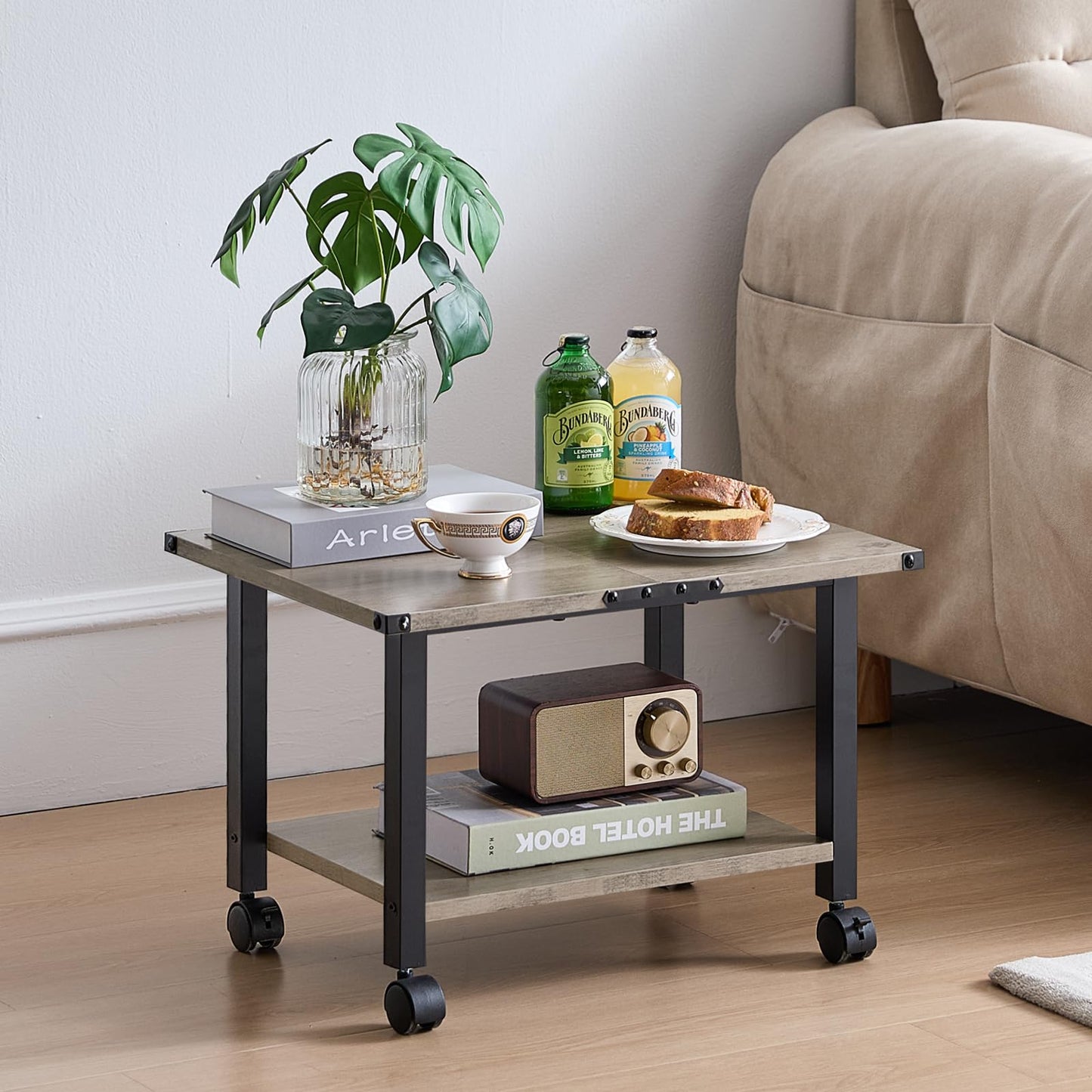 Lerliuo Under Desk Printer Stand, 2-Tier Industrial Mobile Printer Table with Storage Shelf and Steel Frame, Rolling Printer Cart Holder with Lockable Wheels for Home, Office (Grey)
