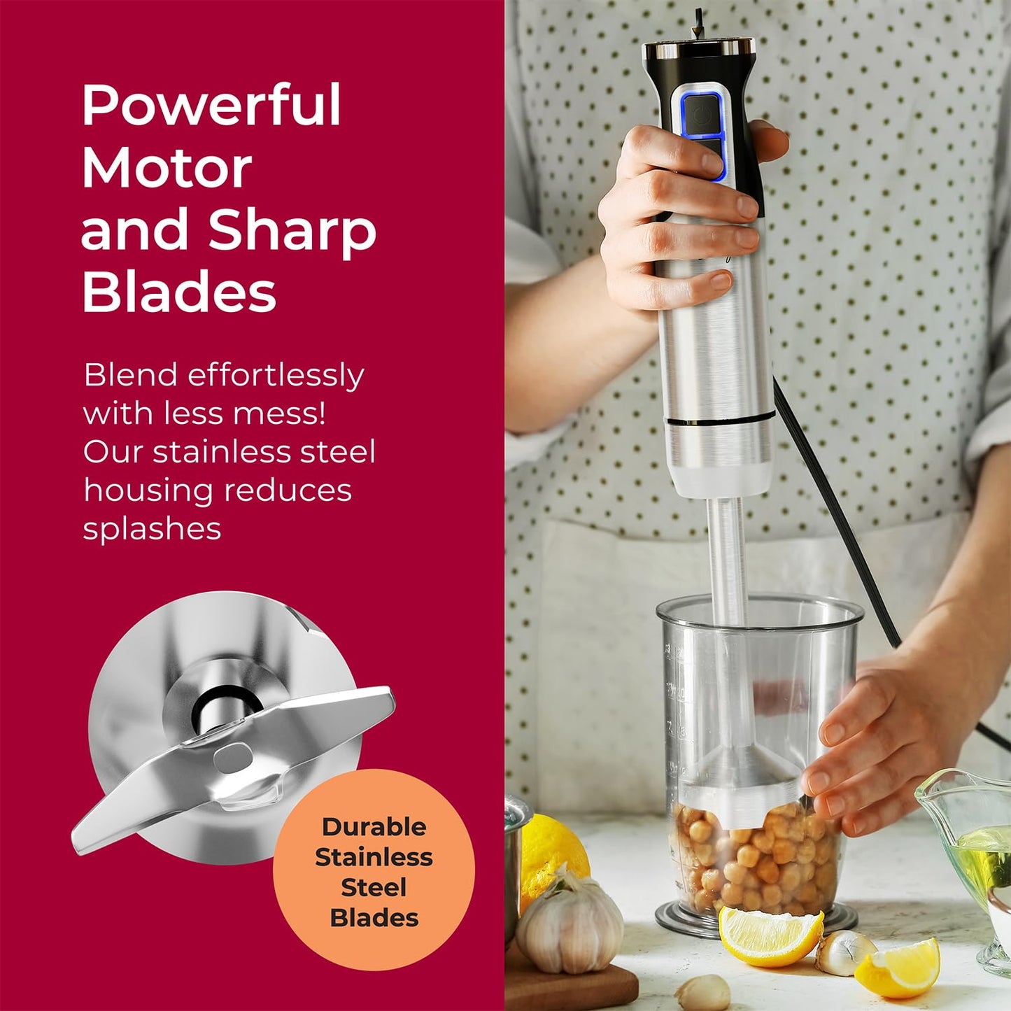 MuellerLiving Ultra-Stick Immersion Hand Blender, 500W Heavy Duty Motor, 8-Speed Turbo Setting, Includes Blending Shaft, Whisk, Milk Frother & Measuring Beaker