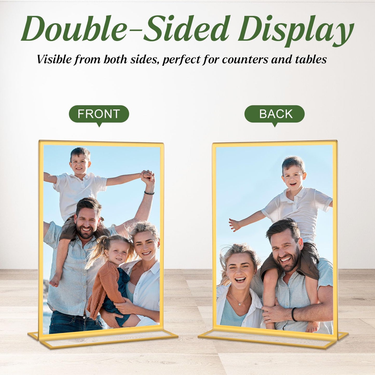 Alffun 20 Pack Gold Acrylic Sign Holders 5x7 Inch, Double Sided Vertical Stand Clear Picture Frames, Table Menu Display Holders for Wedding Table Numbers, Restaurant Signs, Event and Office Photos