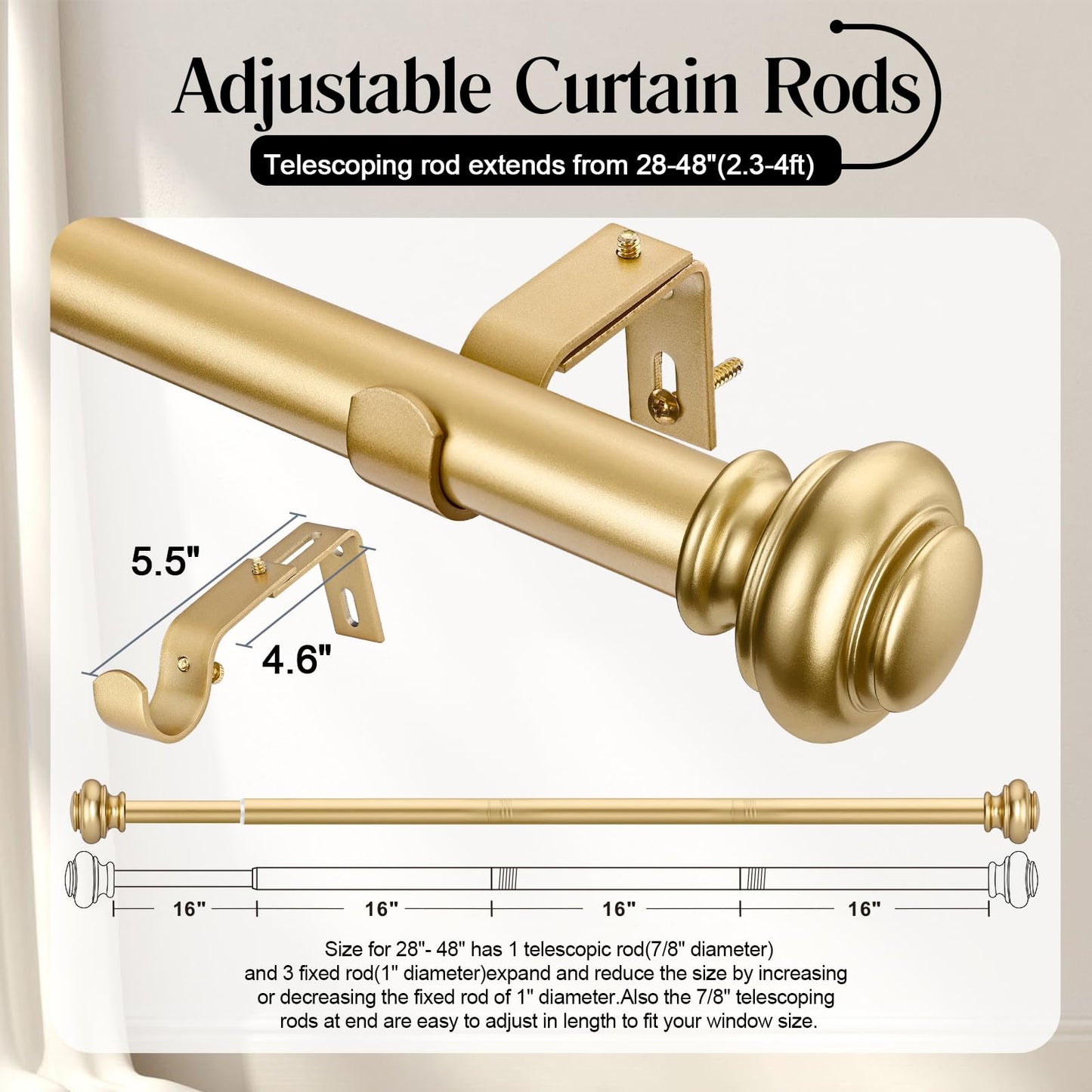 SIMEWIN Heavy Duty Curtain Rods, 1 Inch Gold, 28 to 48 Inches, Adjustable, Wall Mounted, Metal, Glossy Gold Finish, Classic Finials