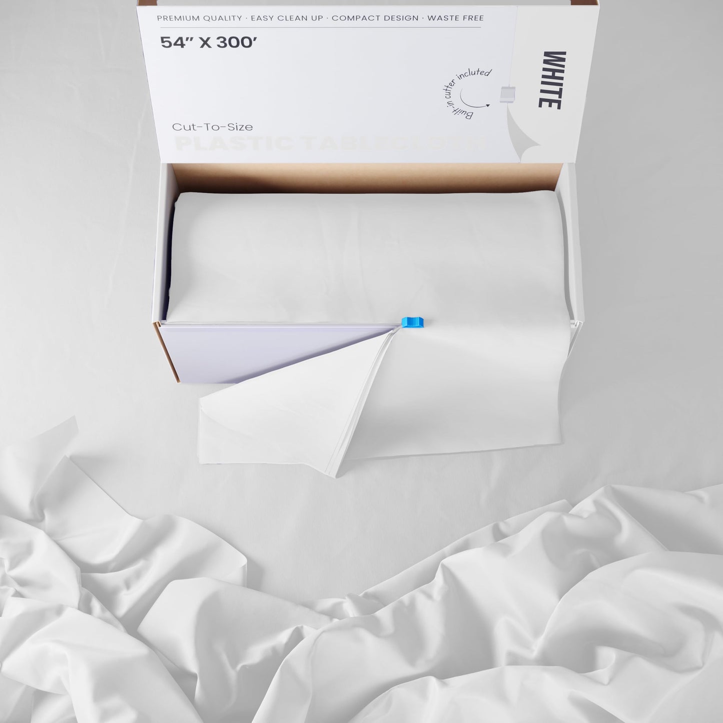 Party Solids 54 Inch X 300 Feet White Plastic Table Cover Roll in A Cut - to - Size Box with Convenient Slide Cutter. Cuts Up to 36 Rectangle 8 Feet Plastic Disposable Tablecloths