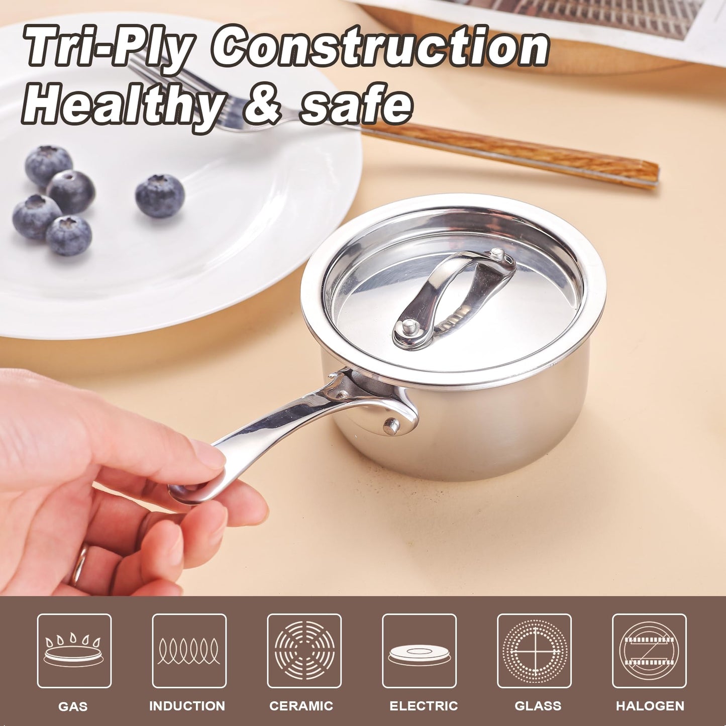 KC-Emier Mini Sauce Pan with Lid, Tri-Ply Stainless Steel Pot with Stay-Cool Handle & All Cooktop Compatibility (Gas, Ceramic, Electric) - Silver