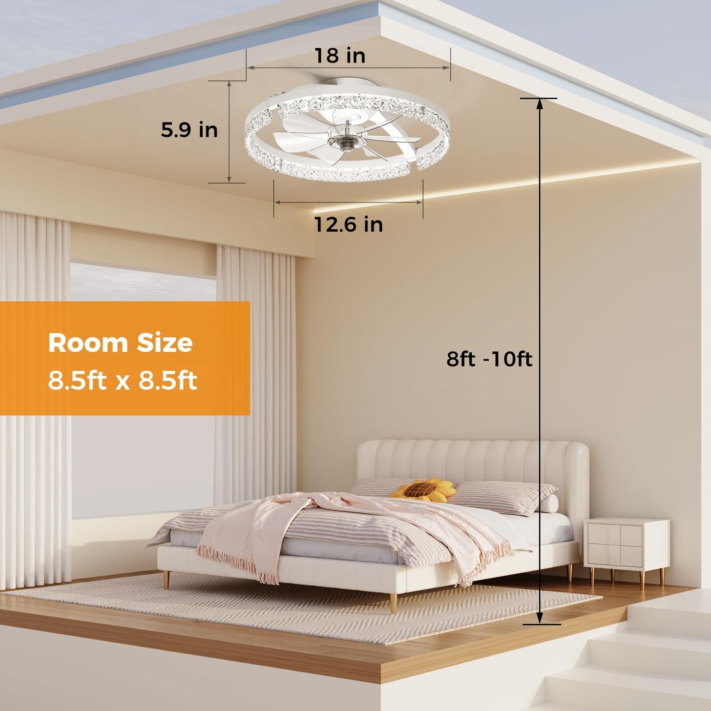 Aphyni Ceiling Fans with Lights and Remote, Low Profile Ceiling Fan, Morden Flush Mount LED Fan Light, 3000K-6500K Dimmable for Bedroom, Kitchen, Living Room, Srystal, White