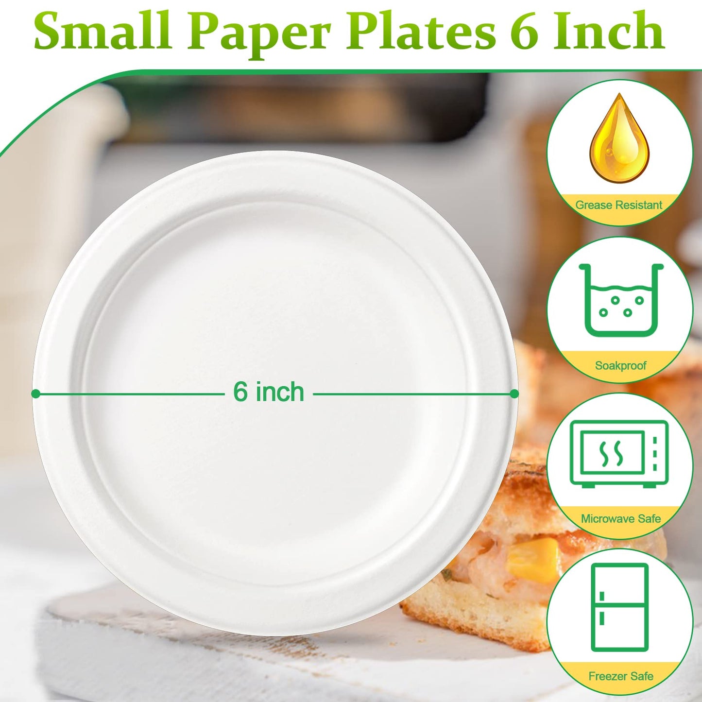 Greconv 300 Pack 6 inch Paper Plates, Small Paper Plates Bulk, Disposable Dessert Paper Plates, Compostable Plates Made from Sugarcane Fibers, Recycled Plates, White