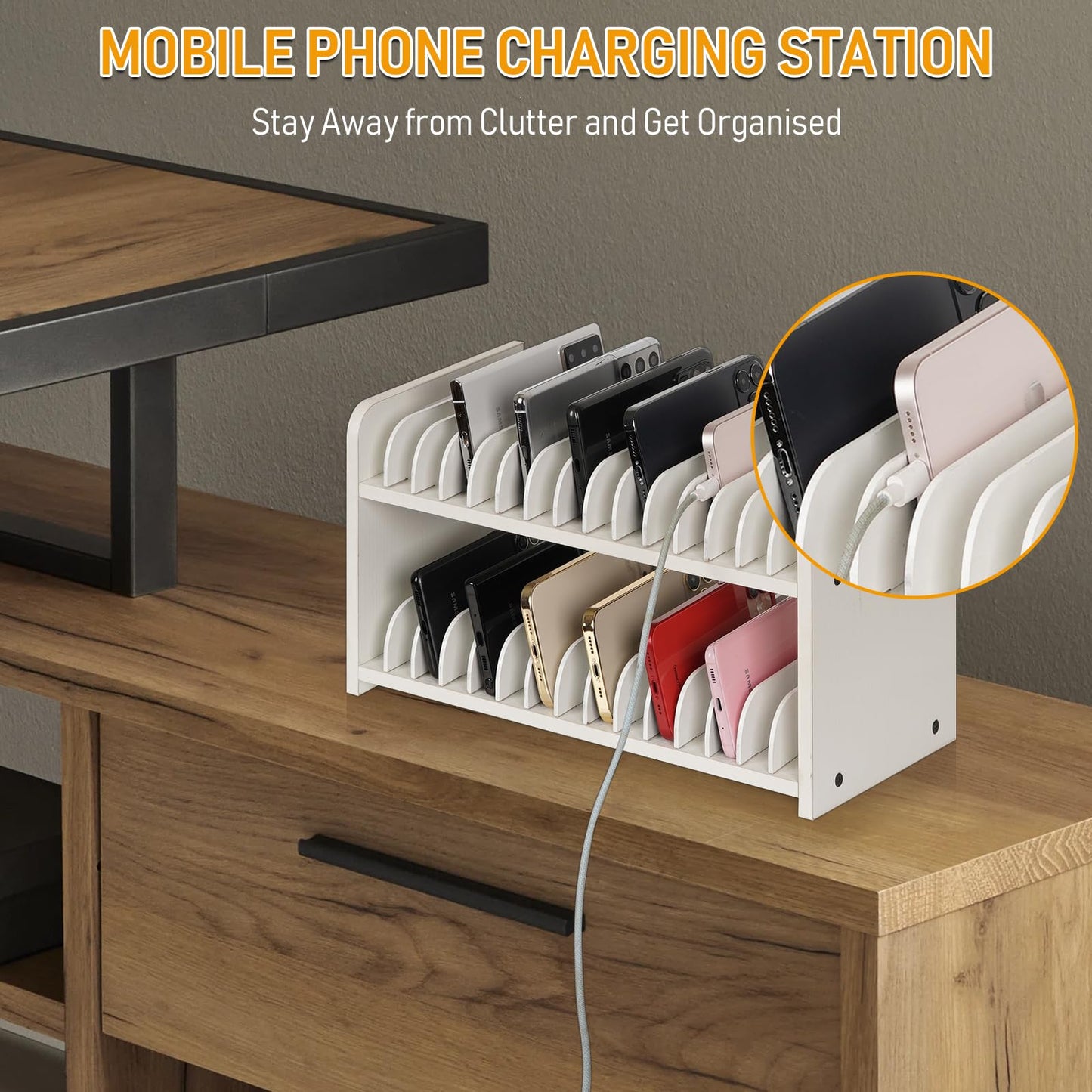 Ozzptuu Cell Phone Storage Classroom Cell Phone Holder Adjustable Wooden Multiple Rack Caddy Organizer Box for Classroom Office Desktop with 1-30 Number Stickers (30-Grid) (White)