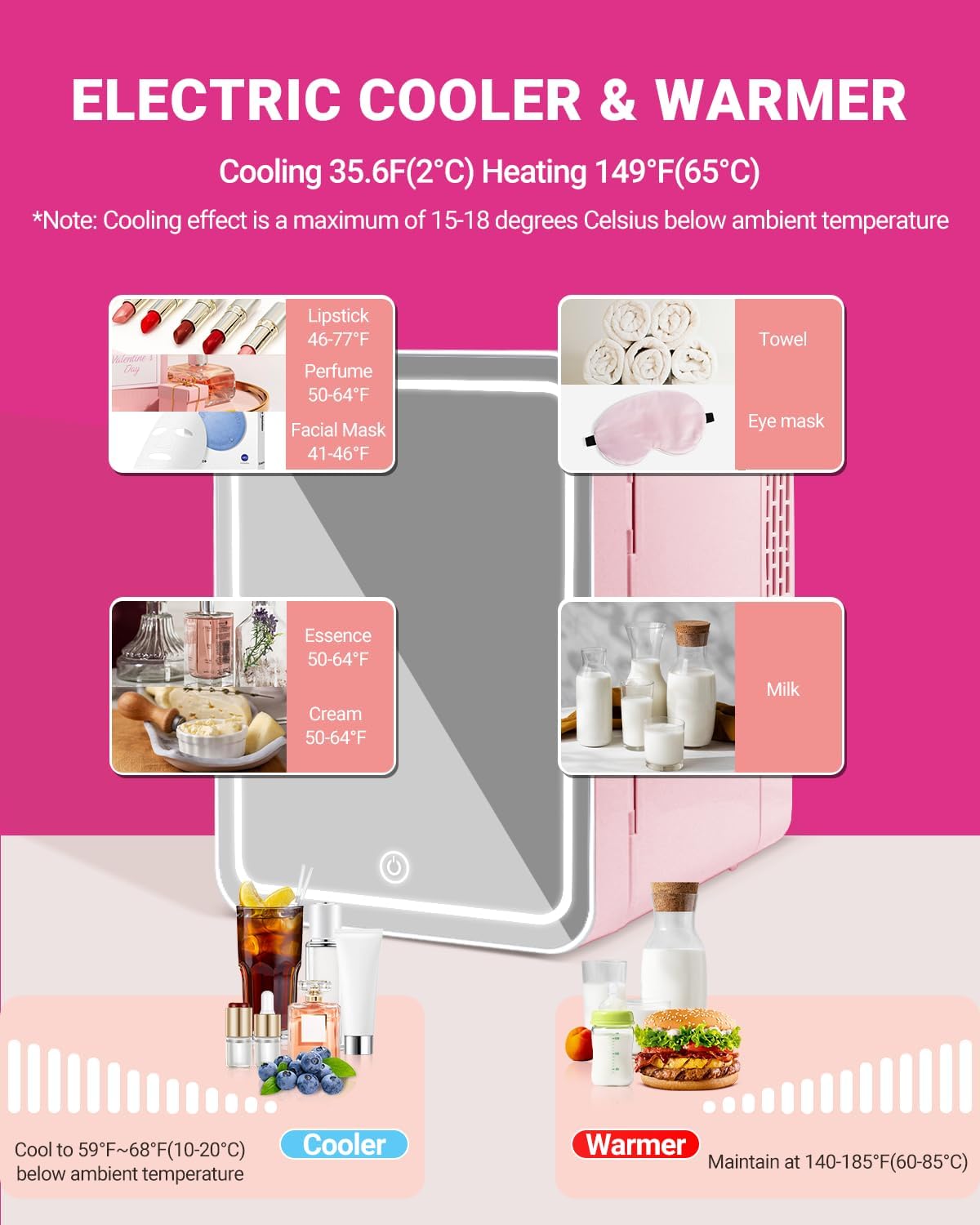 NISHCON 4-Liter Pink Portable Mini Fridge for Skincare Beauty Cosmetic Makeup With Mirrored Door and Dimmable LED Light