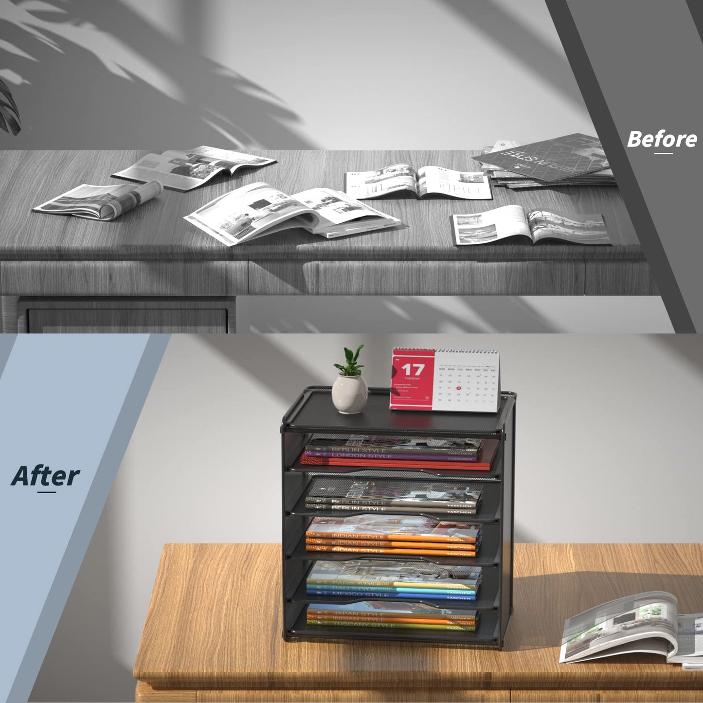 Samstar 2 Pack Paper Letter Tray, Mesh Desk File Organizer with 5 Tier Shelf and Sorter, Black