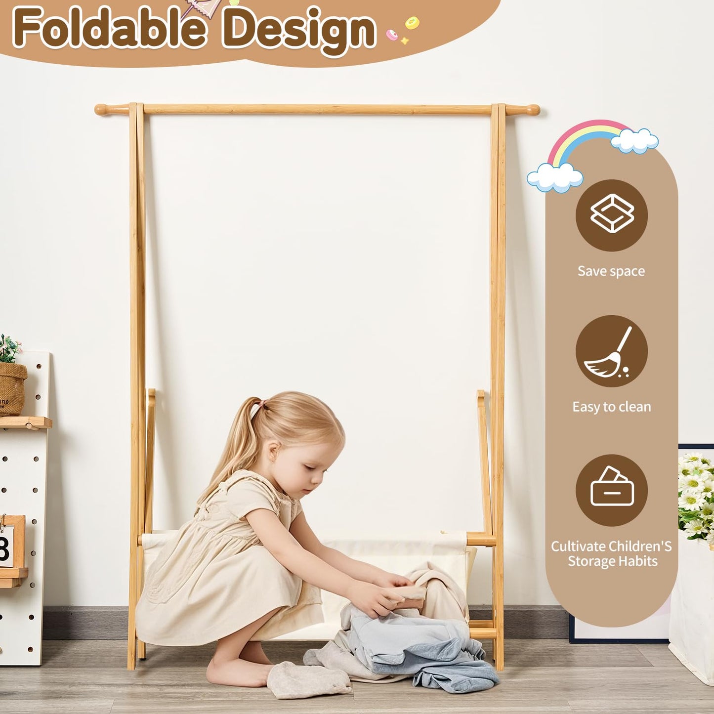 Bamnestor Bamboo Kids Clothing Rack with Storage Box - Foldable,Kids Dress Up Rack with Hooks & Rod, Organize Dress Up Storage & School Uniforms, Perfect for 4-13 Year Olds