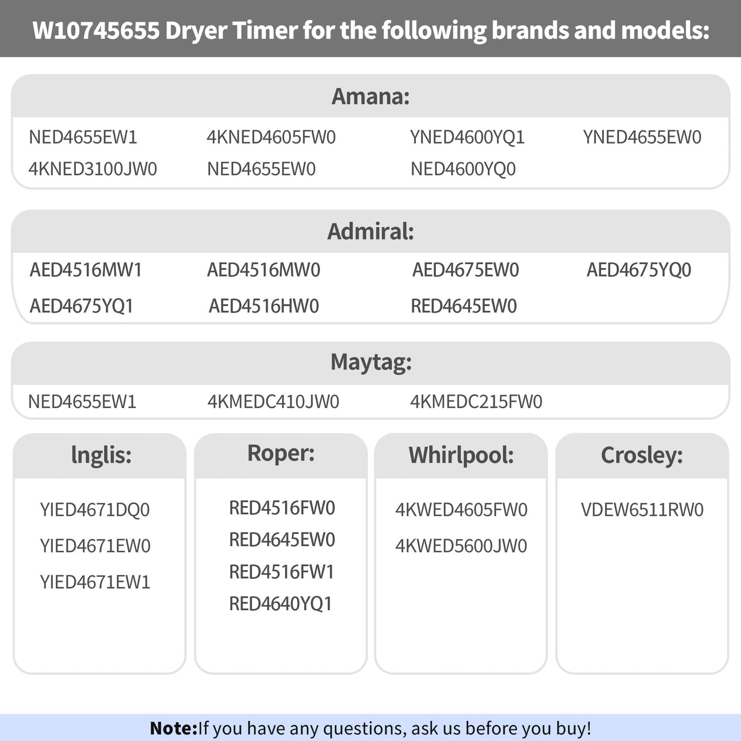 W10436308 W10745655 Dryer Timer, NED4655EW1 RED4516FW0 AED4675YQ0 AED4675YQ1 Dryer Timer, Compatible with Whirlpool, Admiral, Amana etc Brands, Replaces W10857612 418-619-20-B5 4454384 etc, OEM