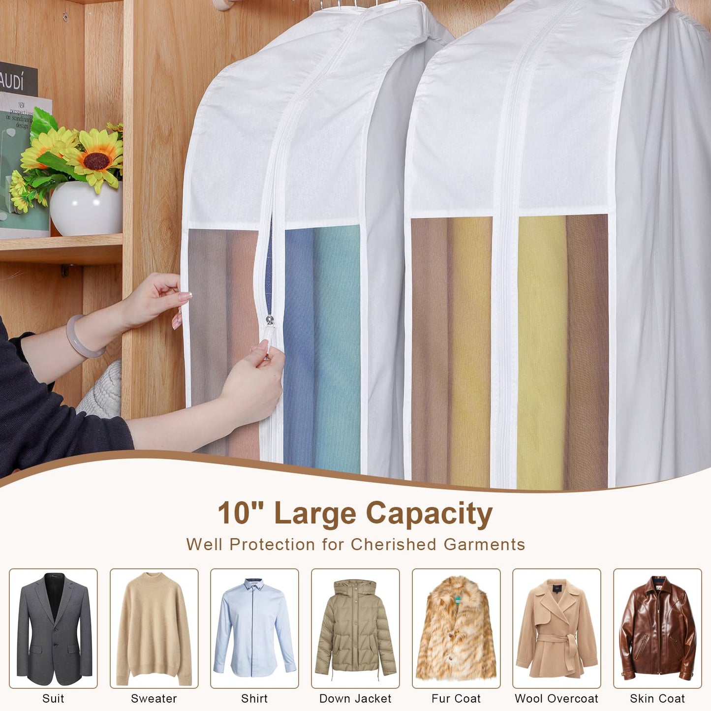 Kntiwiwo 43" Premium Cotton Garment Bag for Hanging Clothes, Breathable Suit Bags for Closet Storage with Extre Large 10" Gusseted & Clear Window, Dust Cover with Zipper for Suits, Jacket, 3 Pack