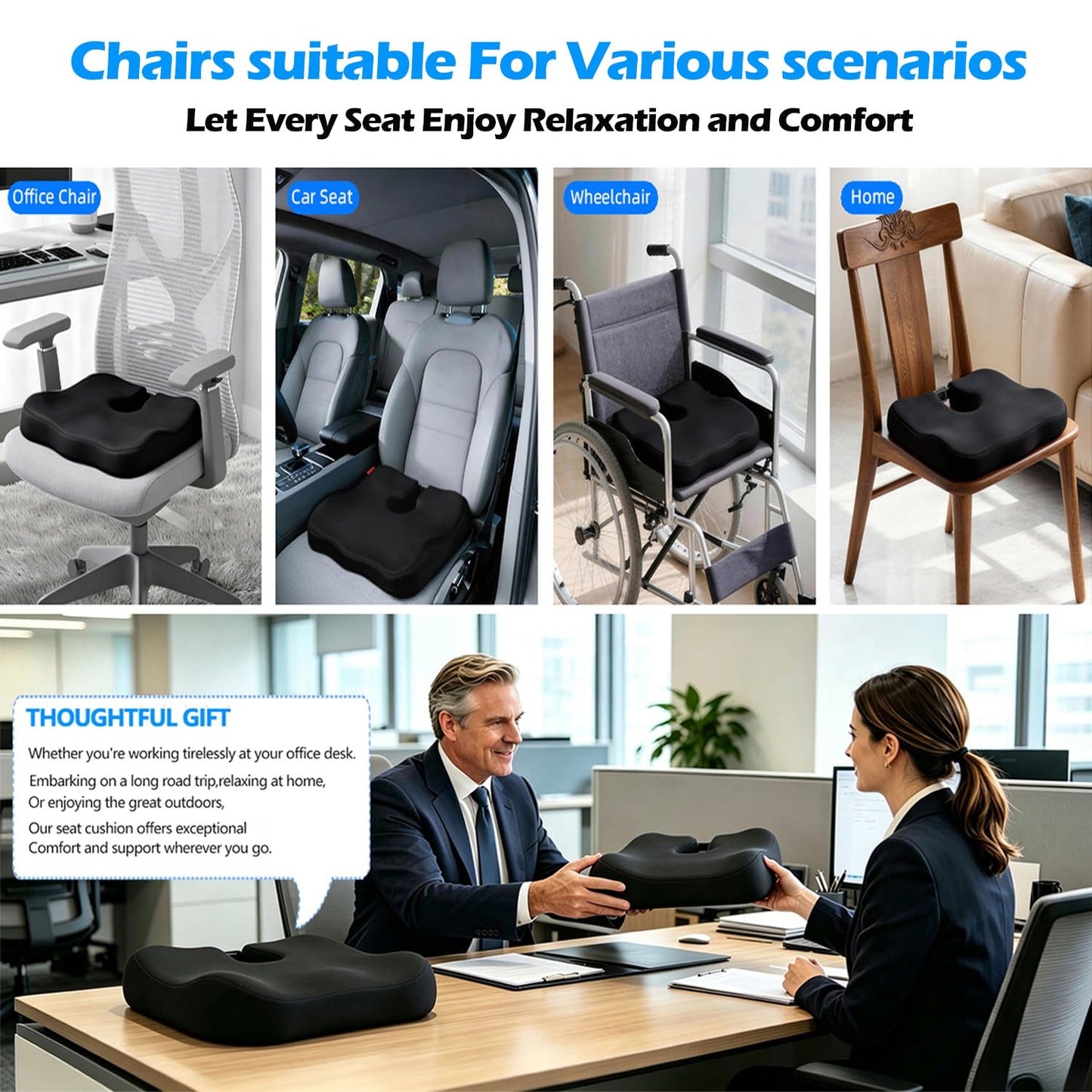 Seat Cushions for Office Chairs, Dense Seat Cushion for Tailbone & Sciatica Pain Relief – Certified, Ergonomic Memory Foam Seat Cushion for Office Chair, Car, Wheelchair, All-Day Comfort (Black)