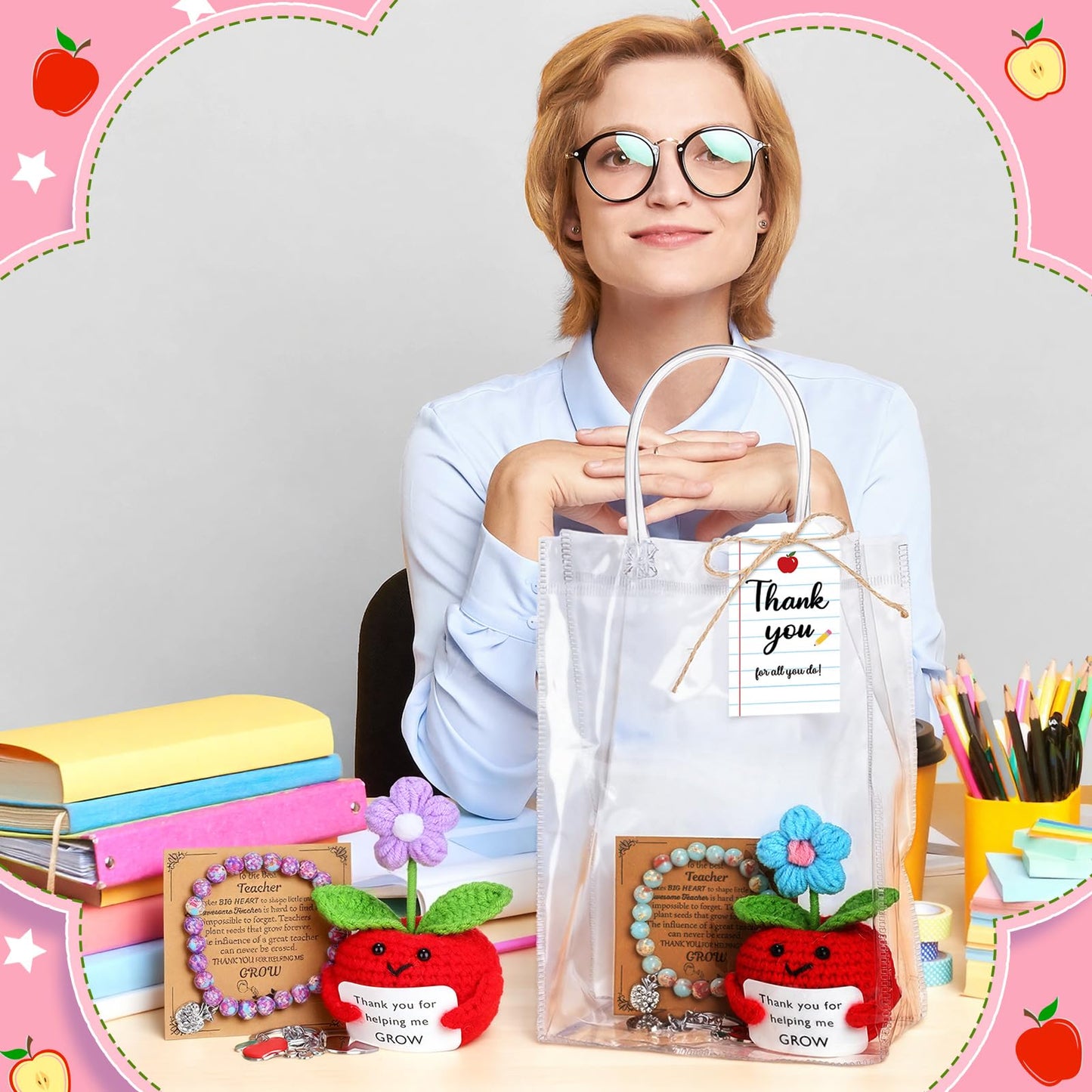 Wavwavw 4 Sets Teacher Appreciation Gifts Bulk Include Crochet Flower Dolls Thank You Crochet Gift Bracelets Keychains Appreciation Bags with Cards Tags End of Year Teacher Gifts(Apple Flower)