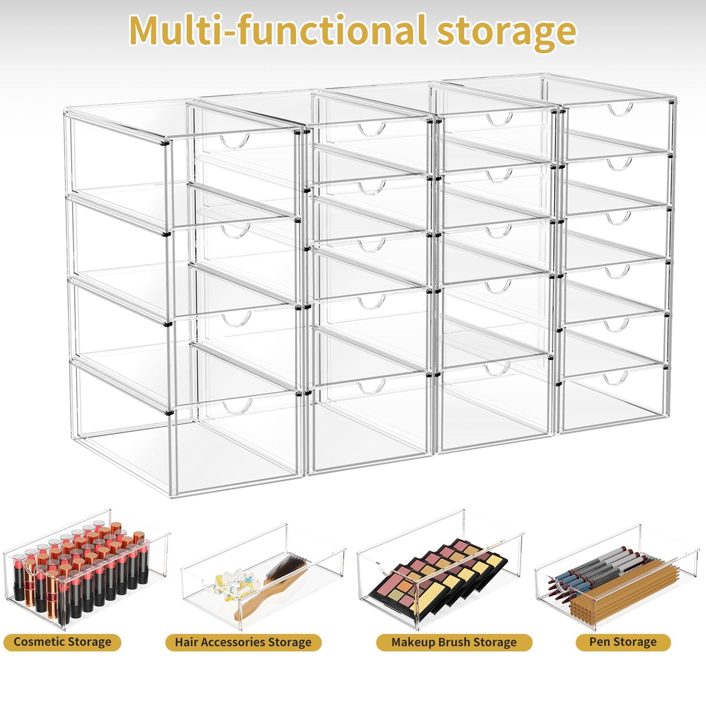 Acrylic Makeup Organizer with 20 Drawers, 4 Set Clear Storage Drawers, Acrylic Drawer Organizer and Storage for Desktop Office Supplies Make Up Pen Hair Accessories