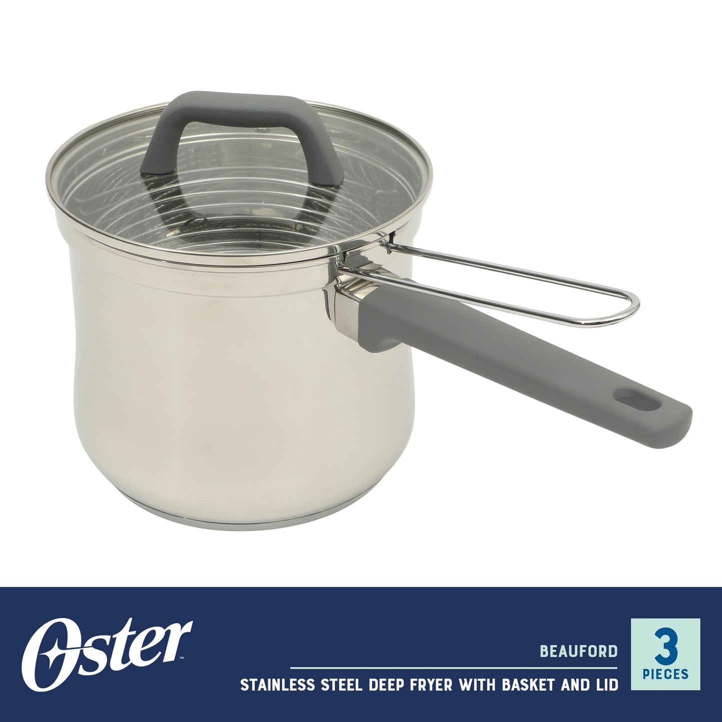 Oster Beauford 3.65-Quart Stainless Steel Deep Fryer Pot with Basket & Glass Lid – Induction, Oven & Dishwasher Safe, 5-Ply Encapsulated Base, Soft-Touch Handle