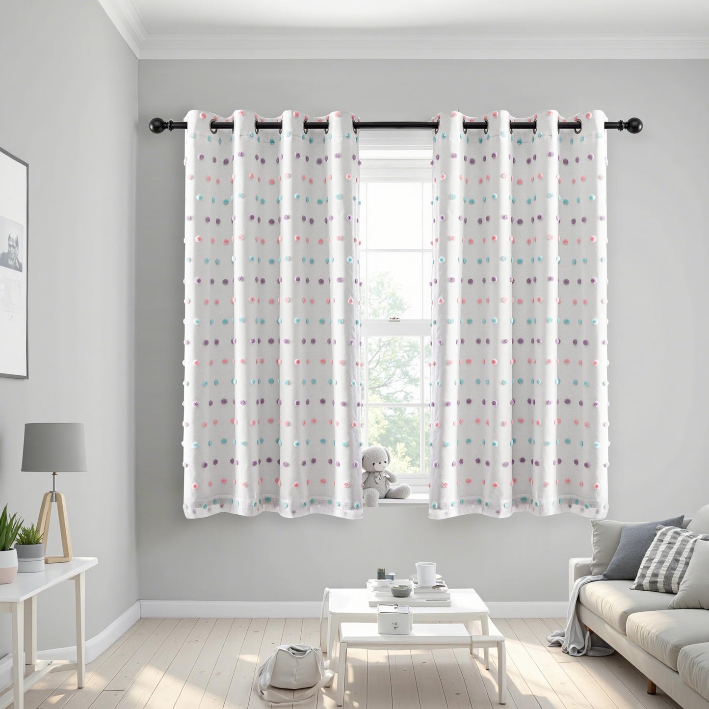 MEETSKY Kids Blackout Curtains for Girls Bedroom 63 Inches Nursery Curtains with Rainbow Pom Pom Sheer Room Darkening Window Drapes for Living Room Grommet Set of 2, 52" W x 63" L