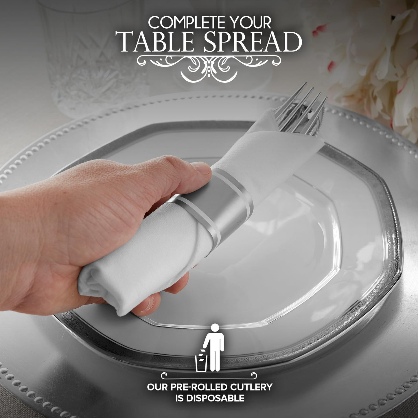 100 Pack Pre Rolled Silver Plastic Cutlery Set, Individually Wrapped Plastic Silverware Set with 100 Forks, 100 Knives, 100 Spoons, 100 Napkins, Disposable Utensils for Party and Wedding