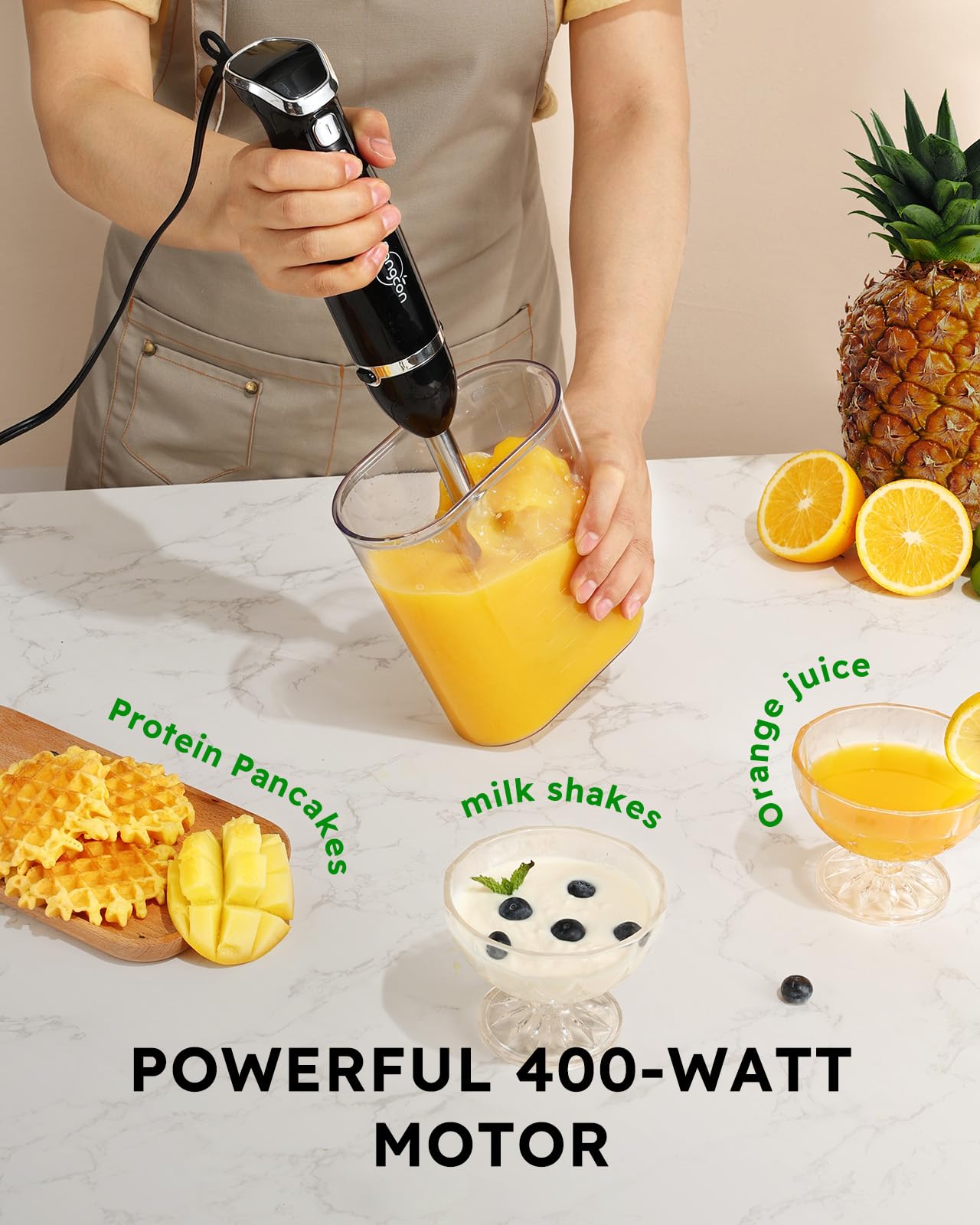 Sangcon 6-in-1 Immersion Blender Handheld, Hand Blender with Chopper & 34oz Blending Cup Storage Base, 2-Speed Adjustable Stick Blender,Stainless Steel Blades, Detachable Blender, Whisk, Milk Frother