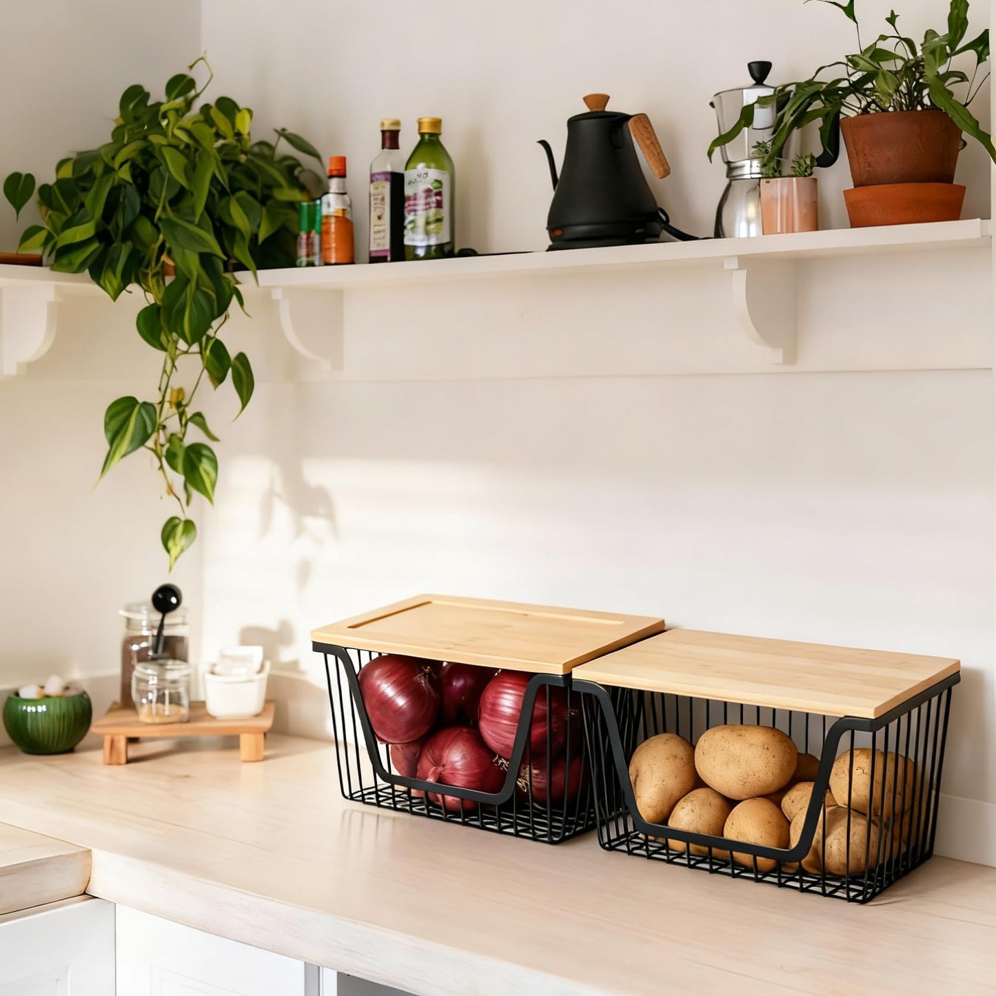 2 Pack Onion and Potato Storage Bins, Stackable Pantry Organizers Storage, Large Wire Storage Basket for Onion, Potato, Fruit, Vegetables