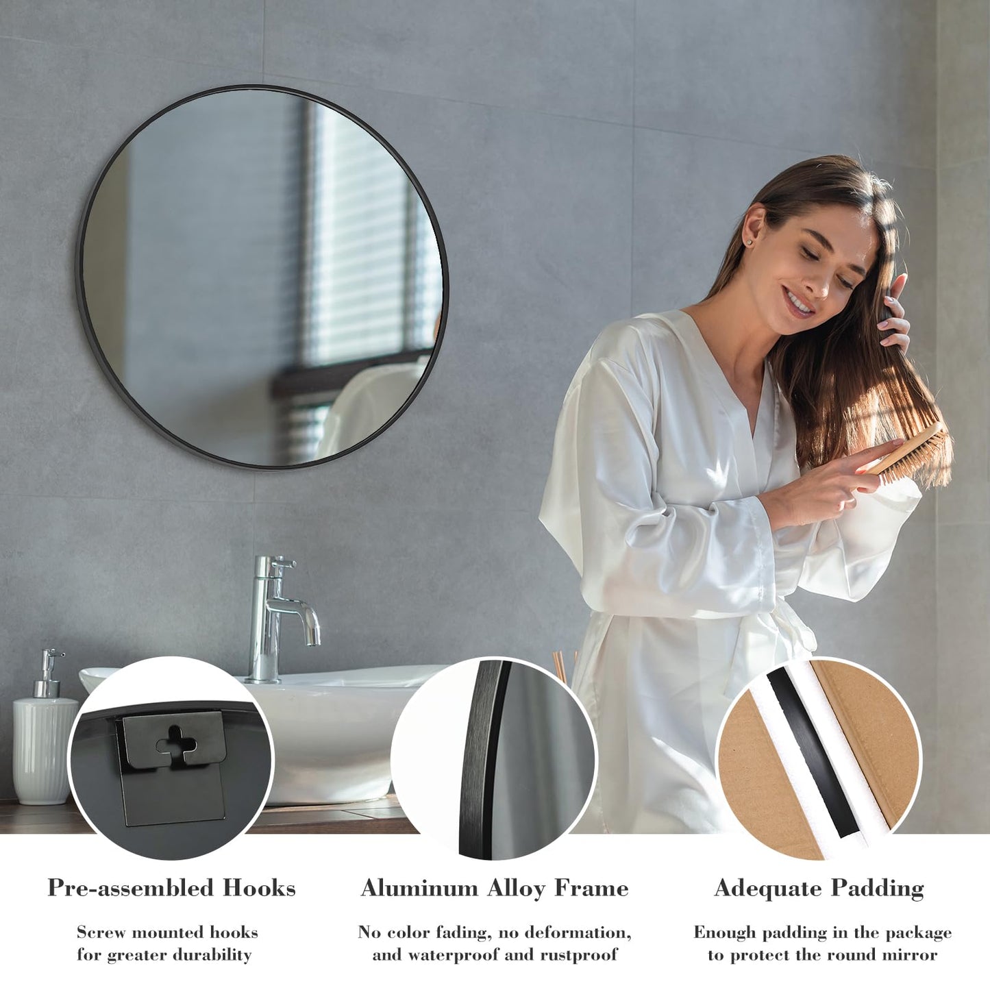 Sweetcrispy 24 Inch Round Wall Mirror with Tempered Glass, Bathroom Mirror Over Sink, Anti-Fog & Waterproof Round Mirror for Bathroom, Entryway, Bedroom, Shatterproof Design, Black