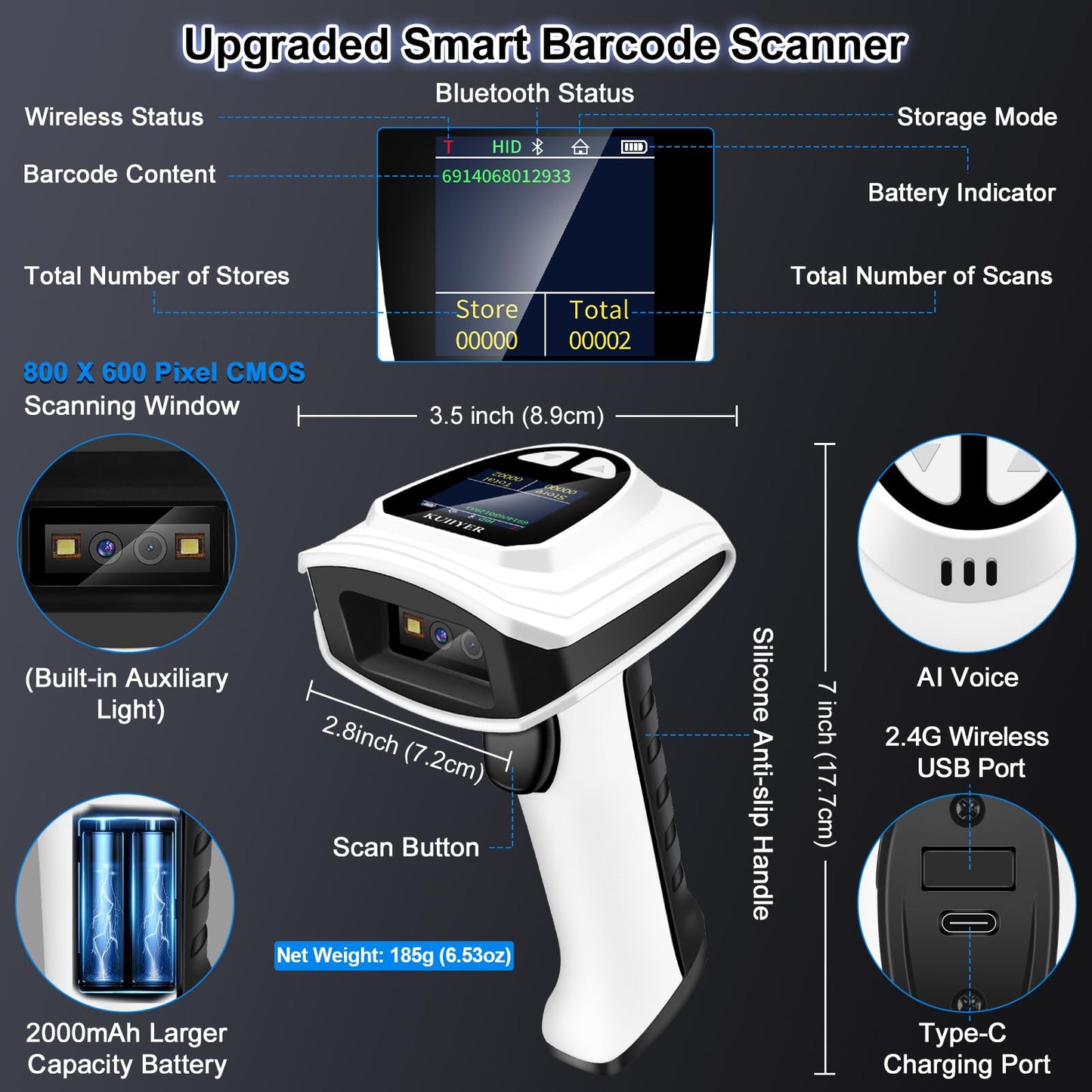 KUIIYER 1D QR 2D Barcode Scanner, Bluetooth Wireless Bar Code Scanners with Setting Keypad & LCD Screen Display & AI Voice, Handheld Barcode Reader for iPhone, Android, iPad, Tablet, Computers & POS