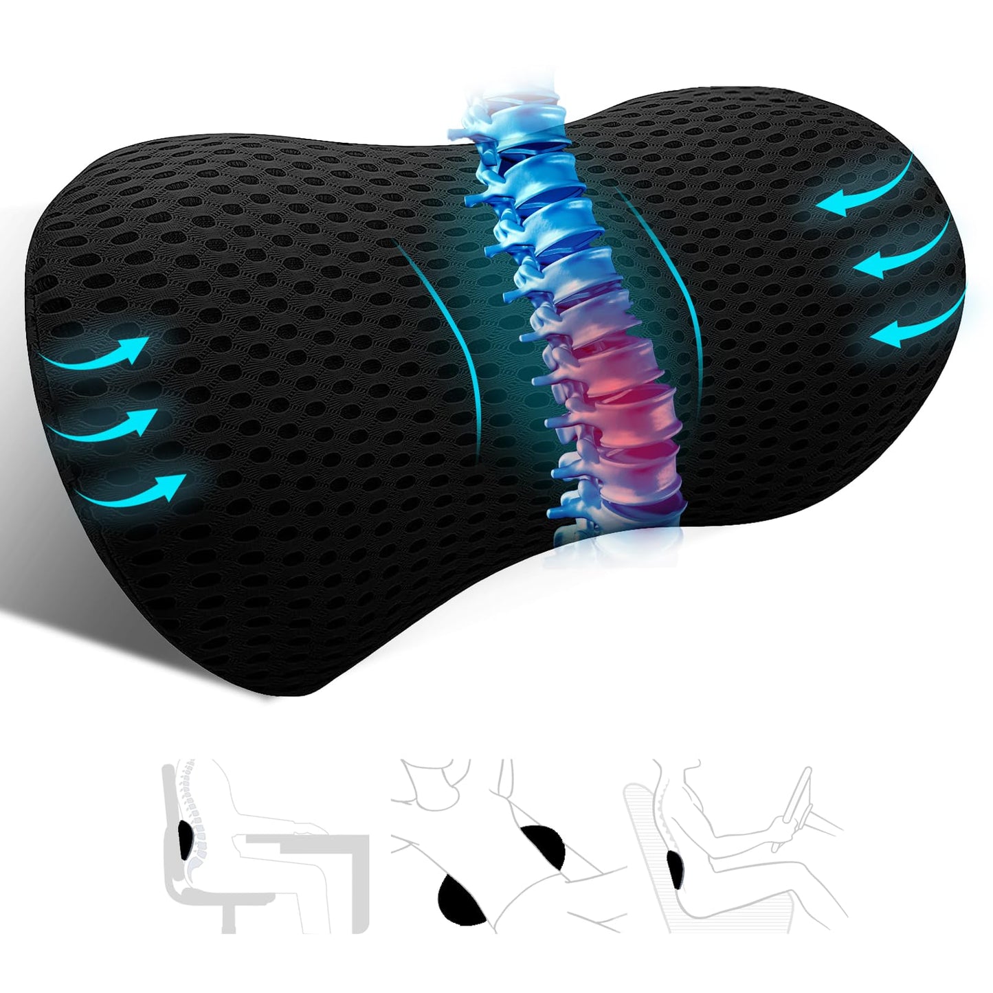 kasney Lumbar Support Pillow, Memory Foam Lumbar Pillow for Lower Back Pain Relief, Back Support Pillow for Office Chair, Car Seat - Black