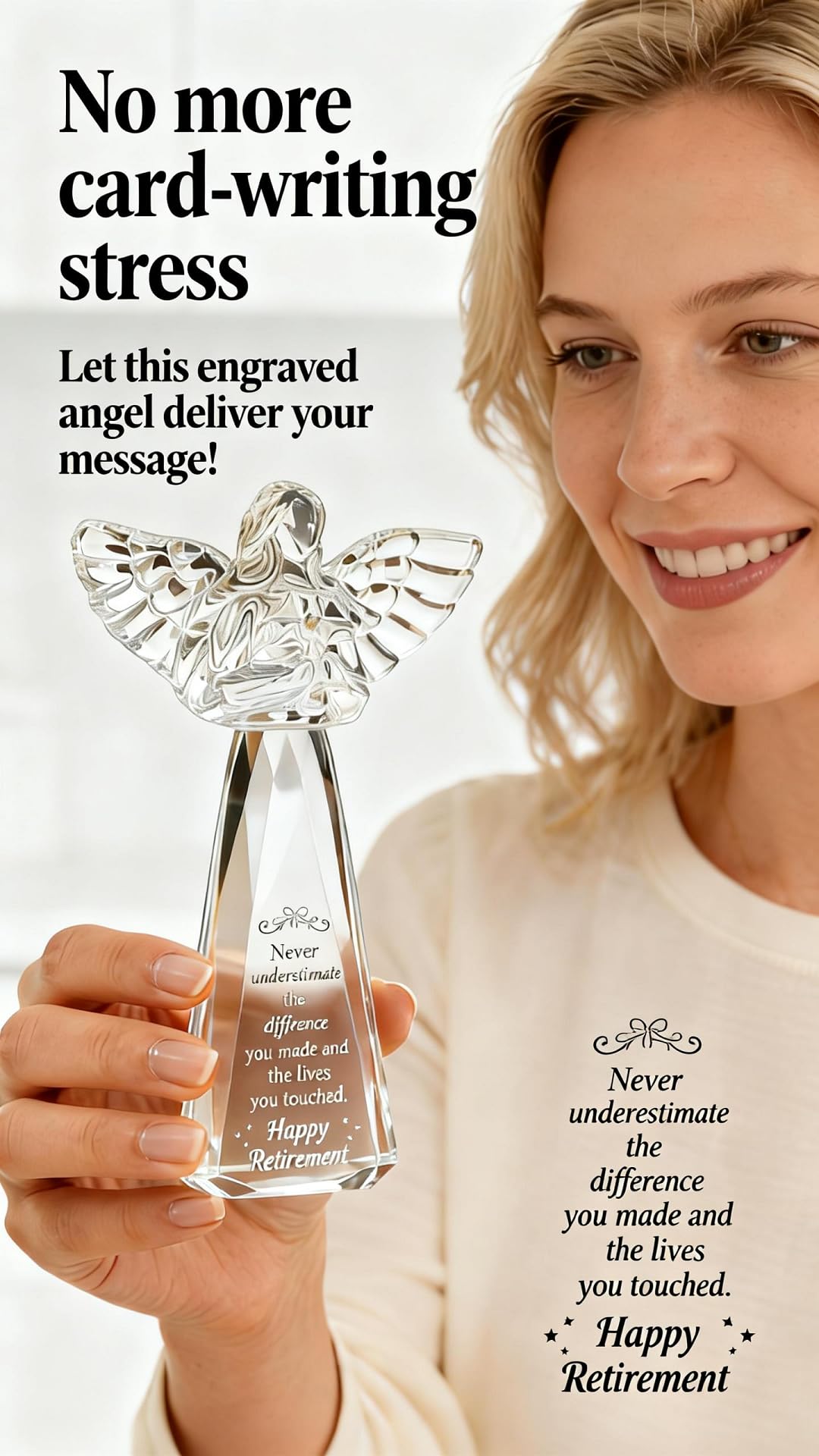 CNCRMEM Engraved Crystal Angel Retirement Gift for Women - Inspirational Keepsake，6 Inch Retirement Keepsake for Coworker Colleague Friend Teacher Nurse (Never Underestimate The Difference You Made)
