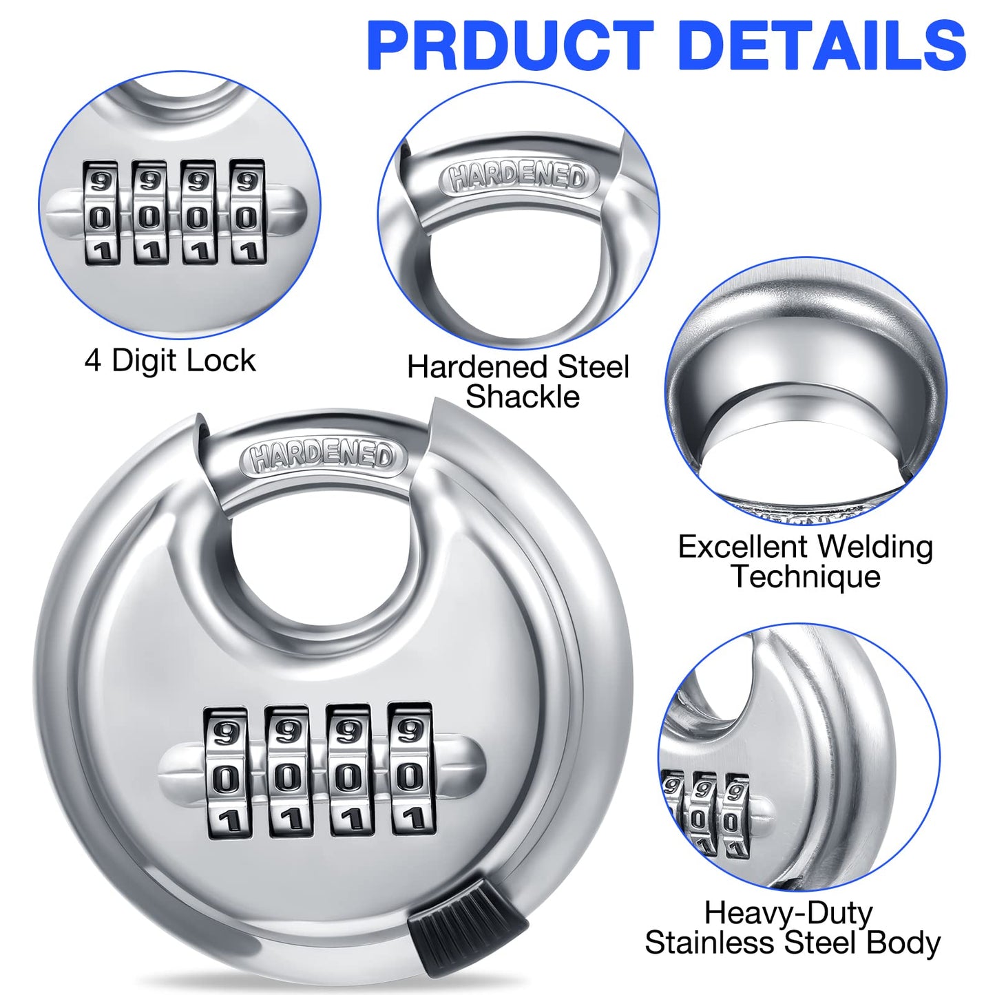 Maitys 10 Pack 4 Digit Combination Locks Stainless Steel Code Disc Lock Combo Padlock with Hardened Steel Shackle for Sheds Locker Storage Unit Gym Fence Gate Outdoor Indoor, Round (Silver)