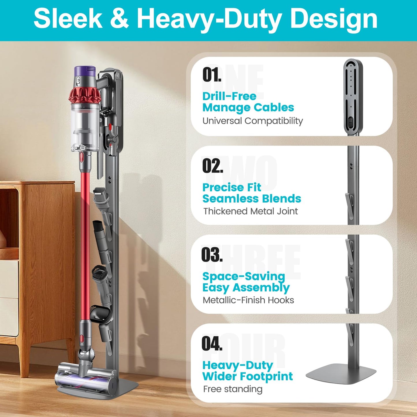 SIOMK Vacuum Stand for Dyson Gen5 V15 V12 V11 V10 V8 V7 V6, Drill-Free Standing Dock with Hidden Cord & Space-Saving Design, Stable Metal Organizer for Cordless Cleaner & Attachments, Easy Assembly