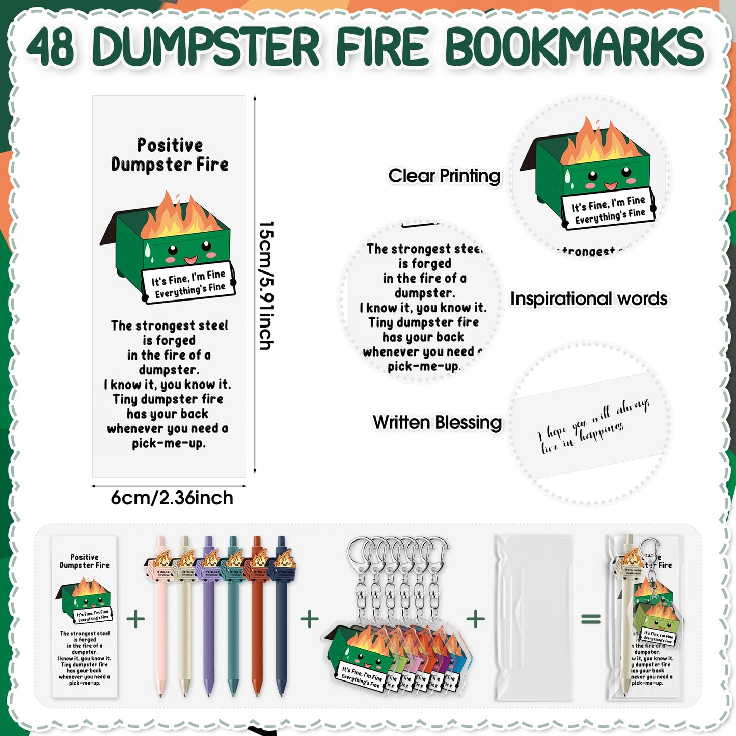 Sayglossy 48 Sets CNA Week Gifts Dumpster Fire Response Team Funny Ballpoint Pens Acrylic Keychains Bookmarks EMS Week Gifts for Volunteer Nurse Teacher Office Employee Team Graduation